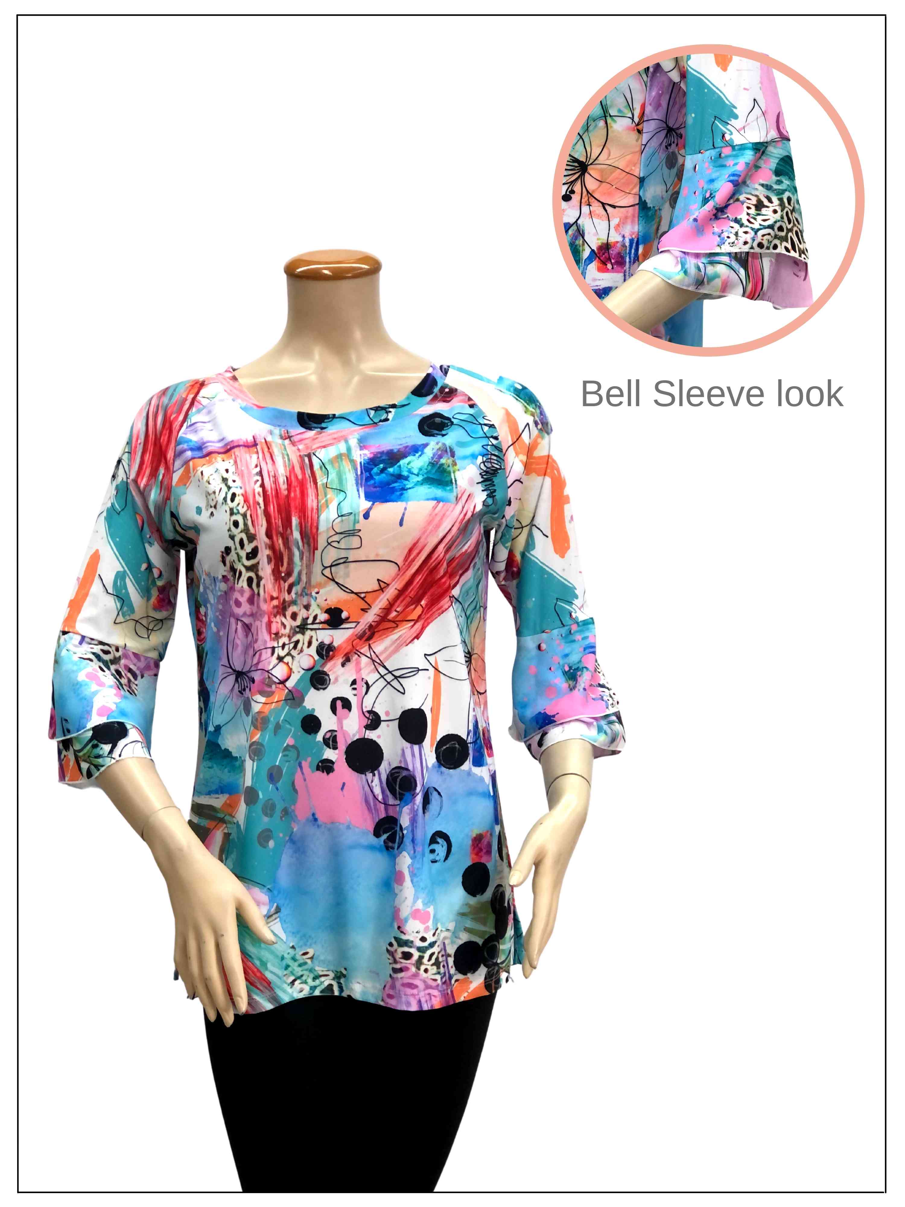 FASHQUE - DIGITAL PRINT BOAT NECK BELL SLEEVES TUNIC TOP - T1103