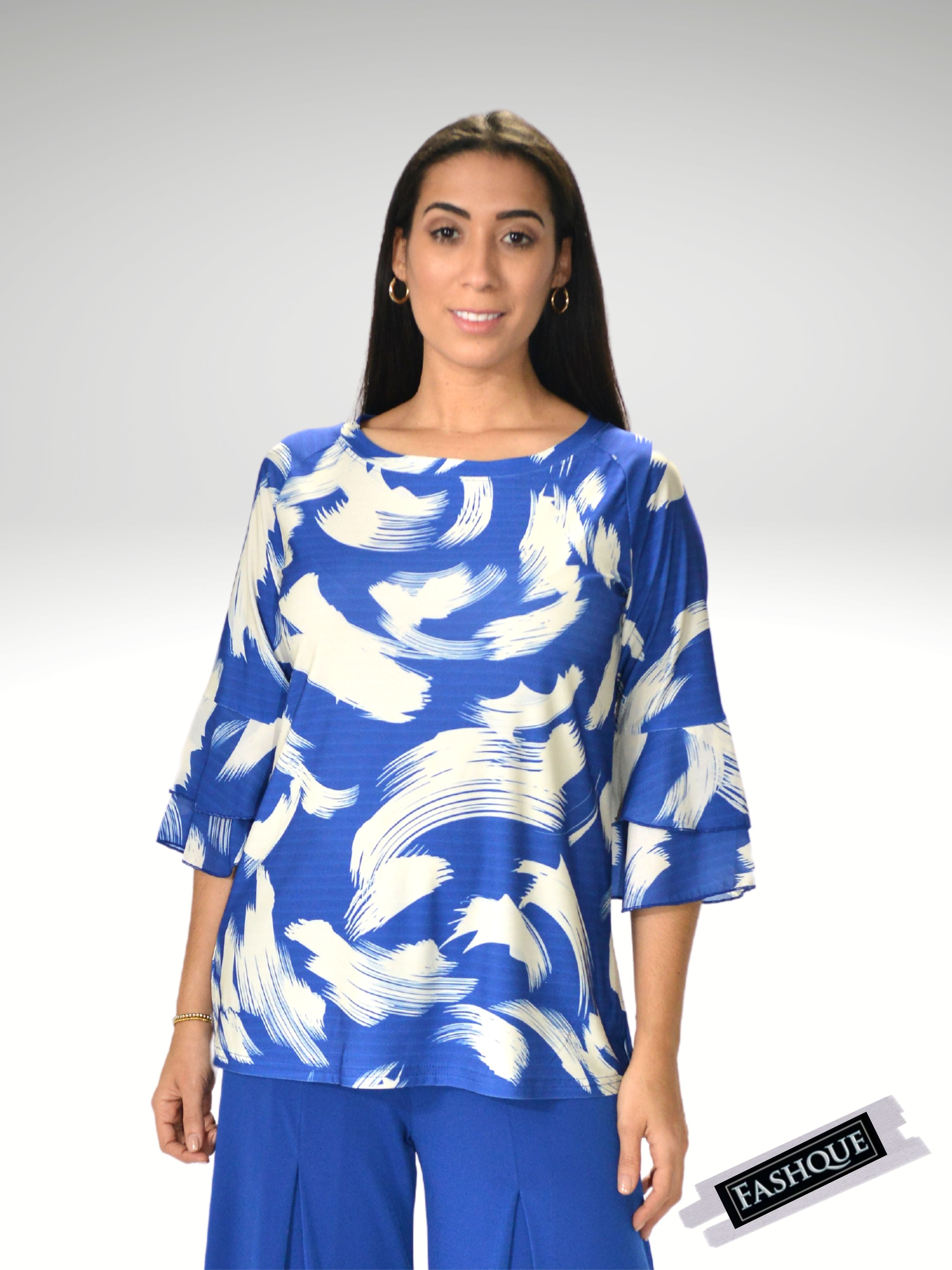 FASHQUE - DIGITAL PRINT BOAT NECK BELL SLEEVES TUNIC TOP - T1103