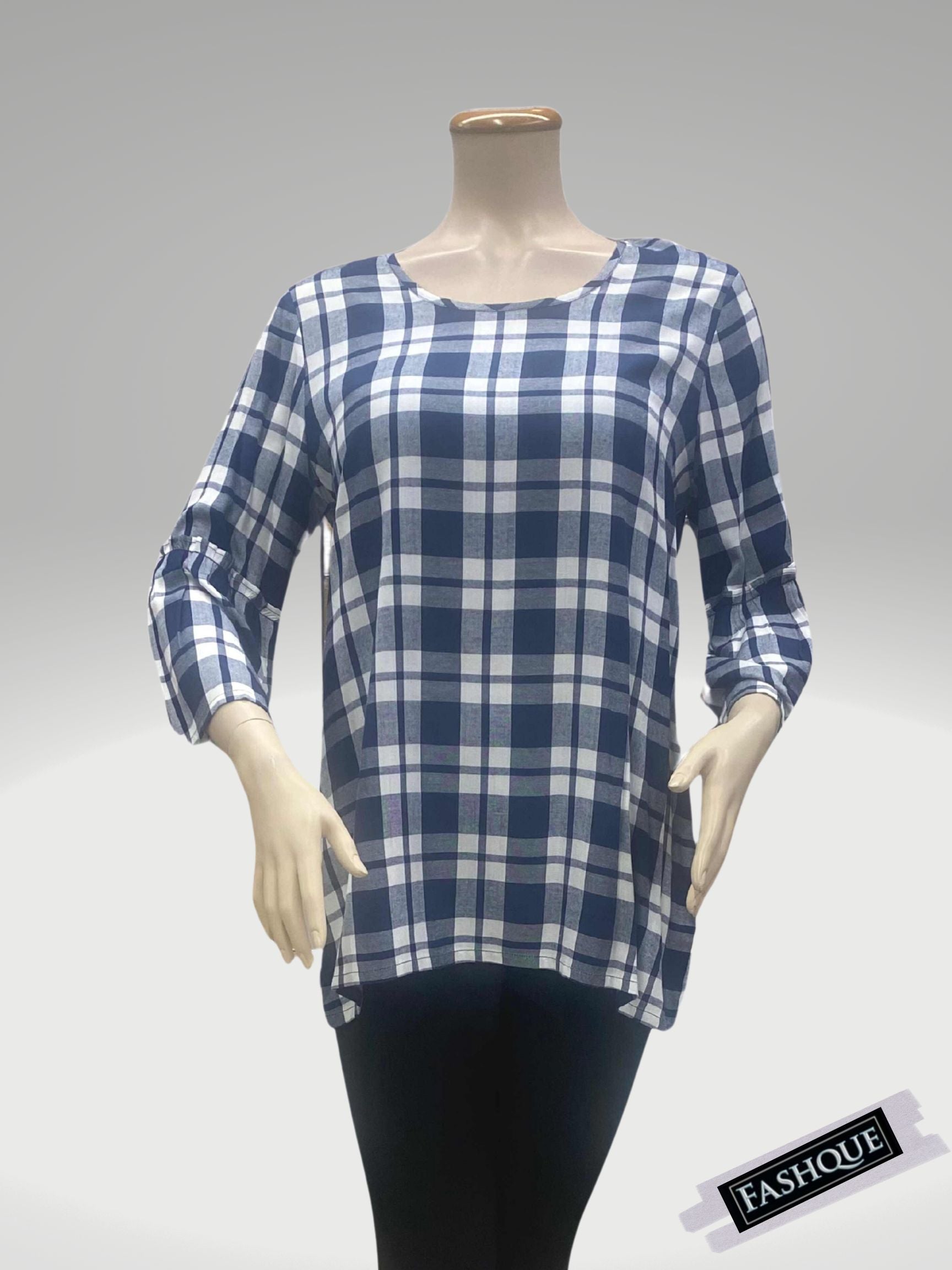 FASHQUE - BOAT NECK 3/4 Bell SLEEVE CHECKS TOP - T706