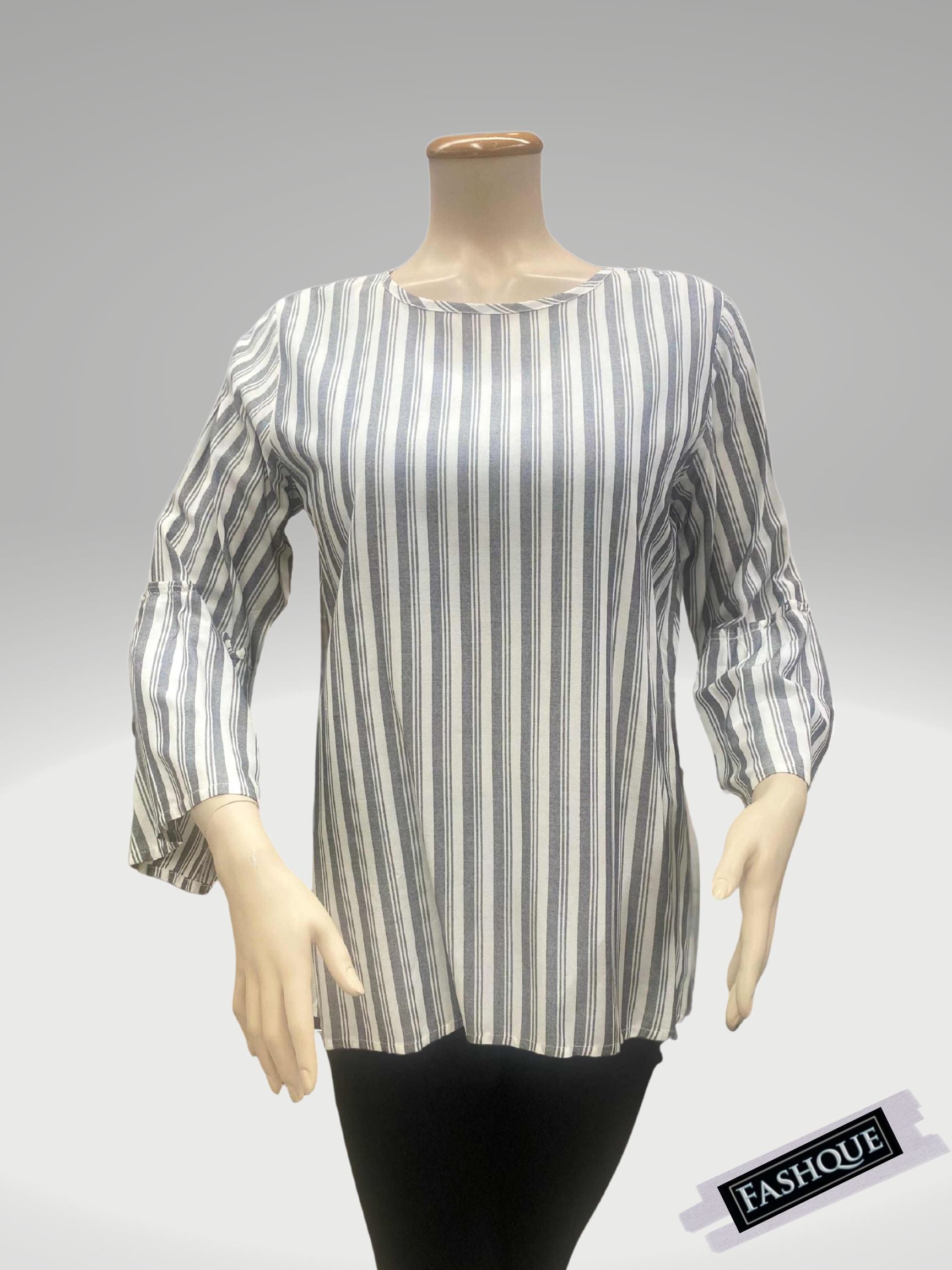 FASHQUE - BOAT NECK 3/4 Bell SLEEVE CHECKS TOP - T706