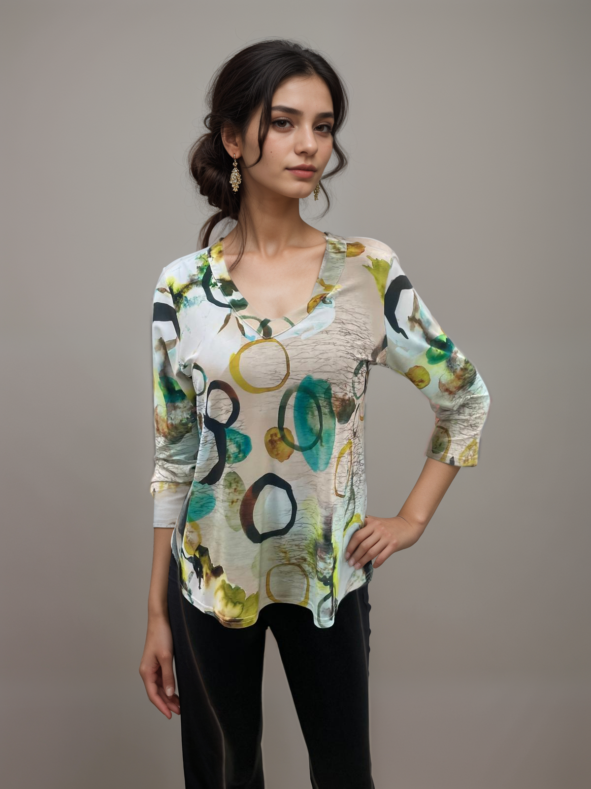 Elegant 3/4-Sleeve Shirt- V Neck - T2703