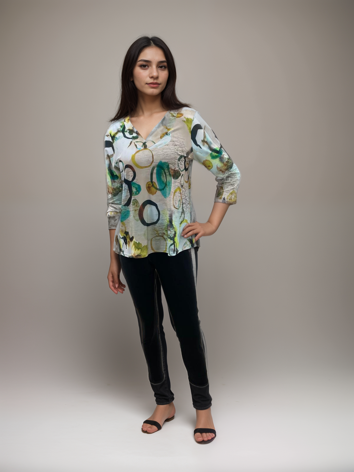 Elegant 3/4-Sleeve Shirt- V Neck - T2703