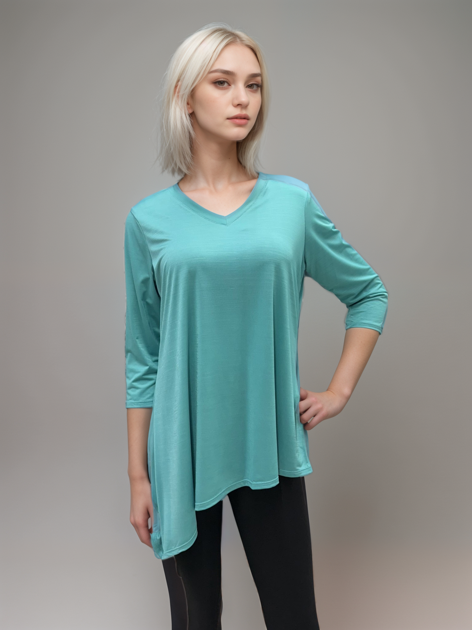 V - Neck Asymmetrical 3/4 Sleeve Tunic Top- T564 SALE