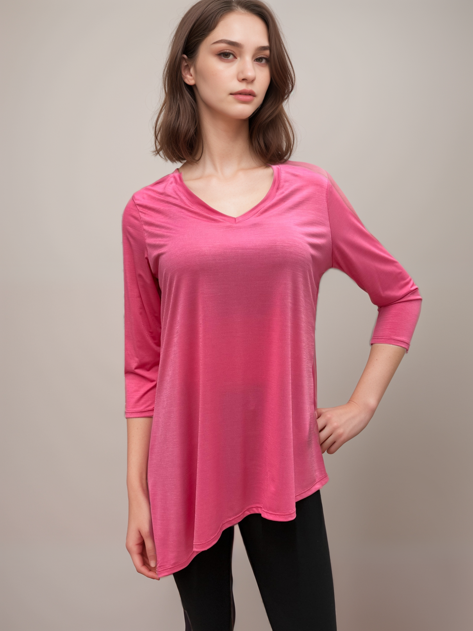 V - Neck Asymmetrical 3/4 Sleeve Tunic Top- T564 SALE