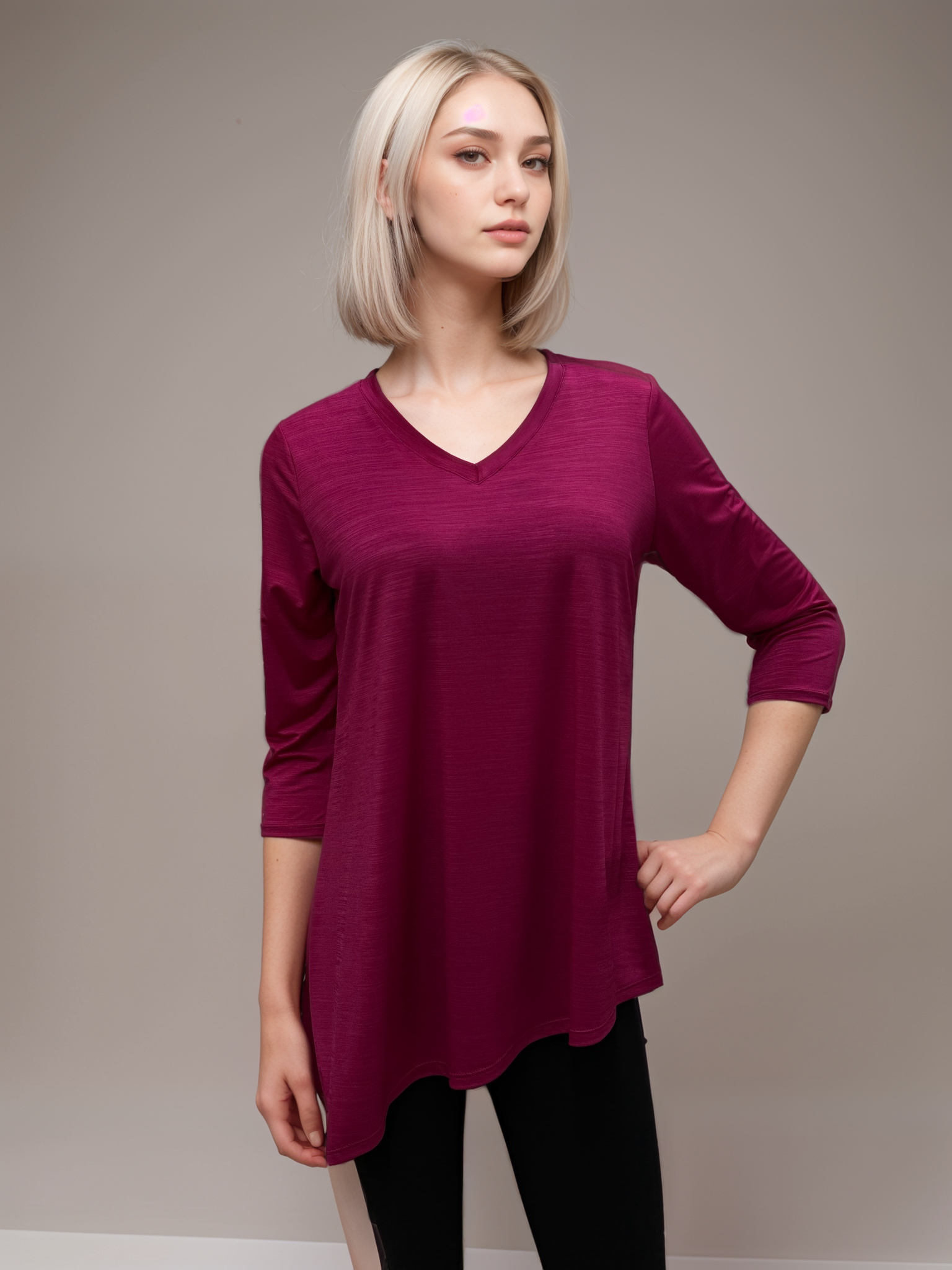 V - Neck Asymmetrical 3/4 Sleeve Tunic Top- T564 SALE