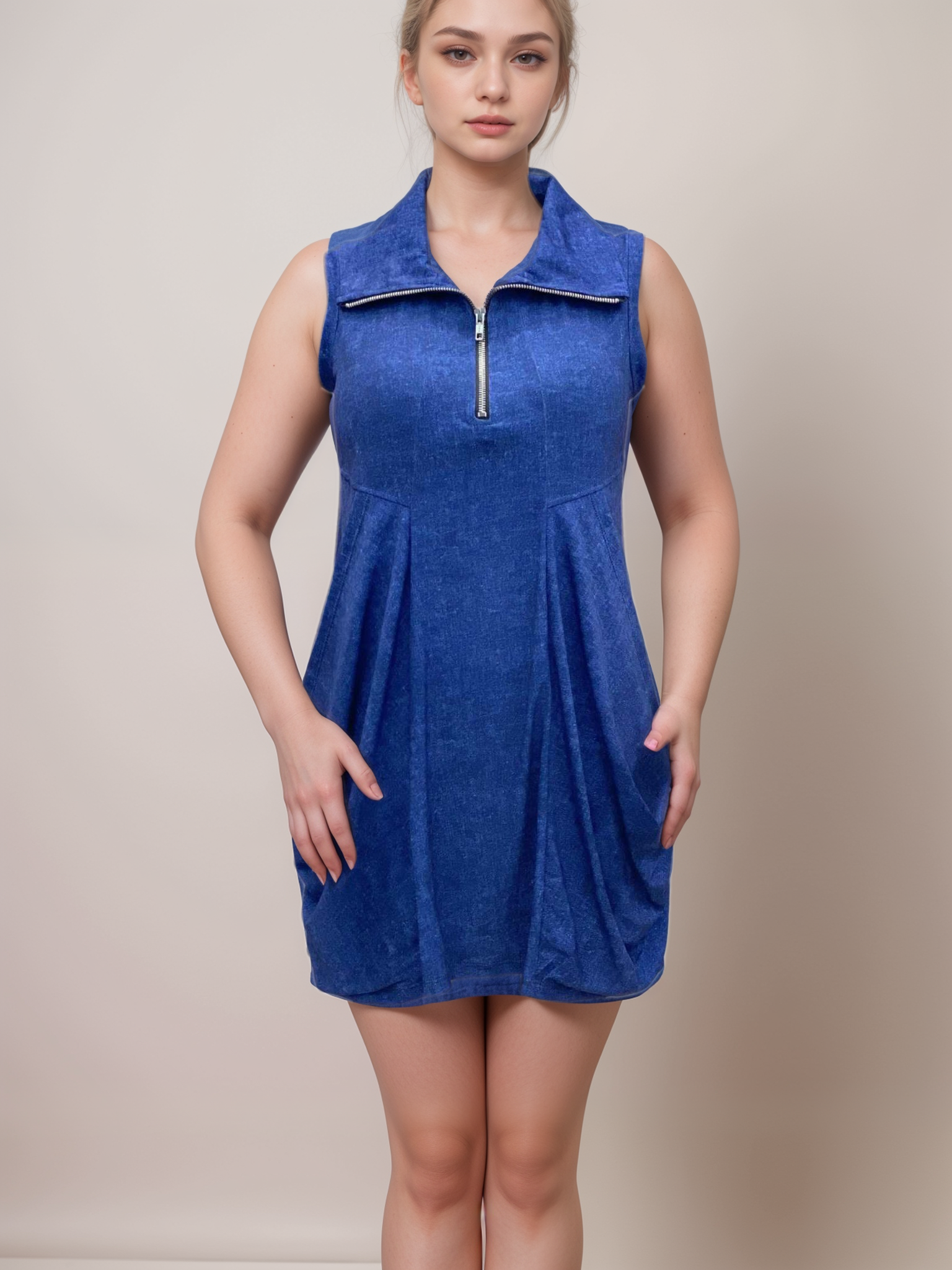 Sleeveless Tunic Kangaroo Pocket Zipper front DRESS/TUNIC with Collar - T626