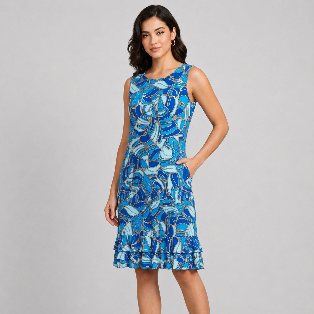 round neck knee length dress Digital Print Sleeveless with Bottom Ruff party knee length dresses