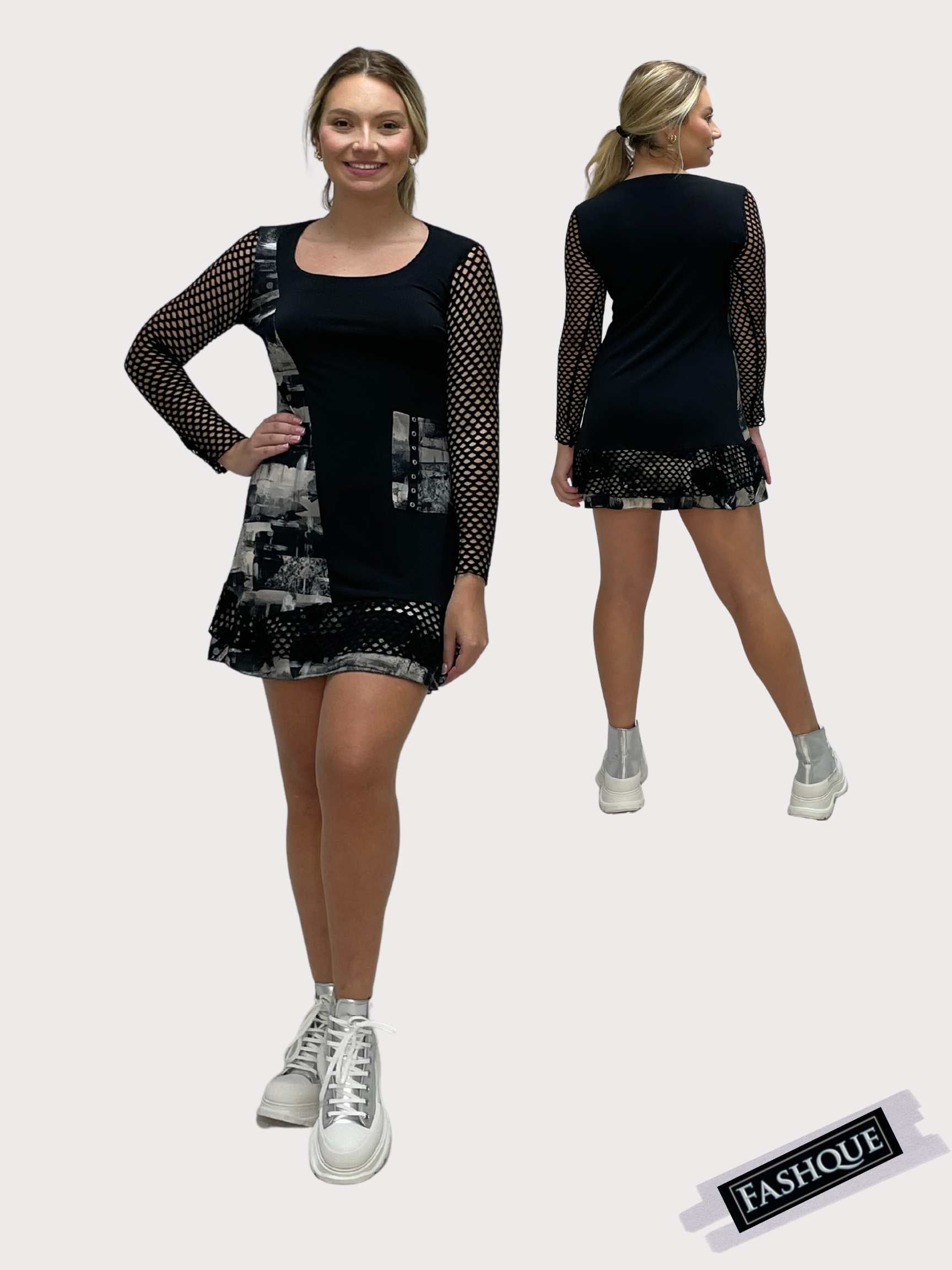 FASHQUE - Multi Media Short Dress with full mesh Sleeves - D055