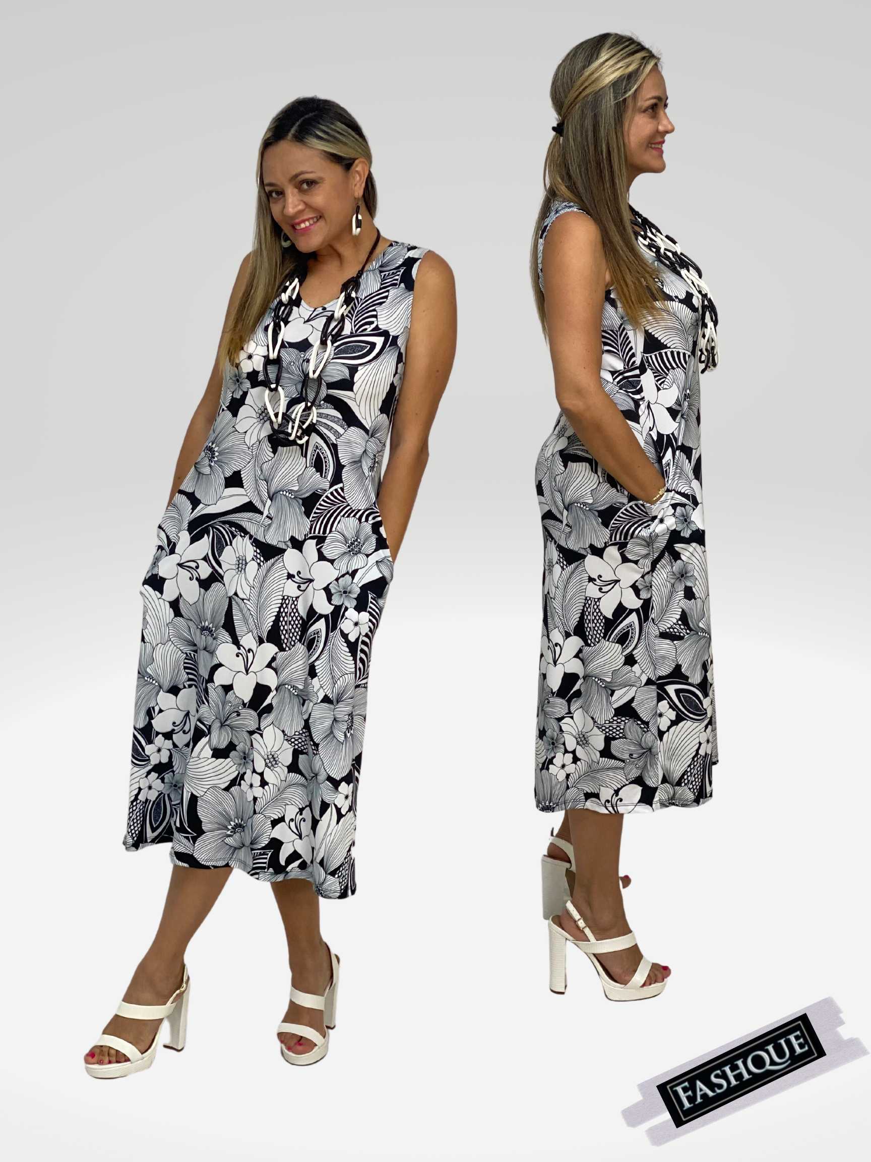 FASHQUE - Women's casual loose V-neck sleeveless long Maxi Dress with Pocket - D2059