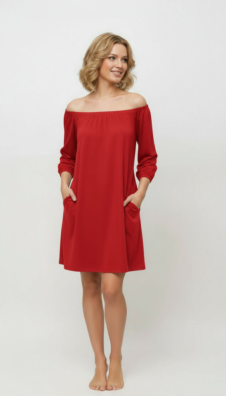 Off Shoulder Flowing Dress with Elastic band Sleeves and Side Pockets- D068