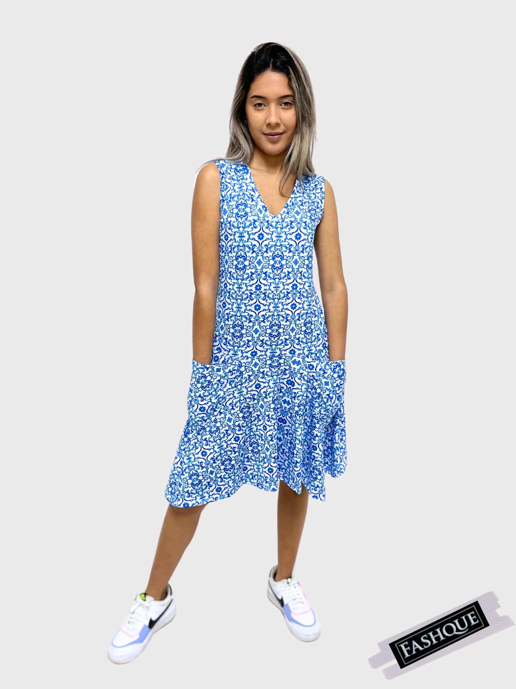 Sleeveless V Neck Midi Dress with Pockets - D2104