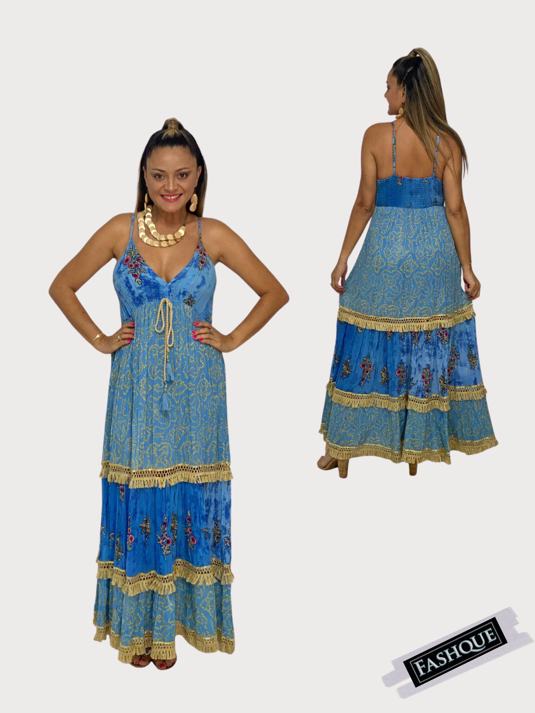 FASHQUE - Spaghetti Strap long flowy printed dresses for Women - D10574