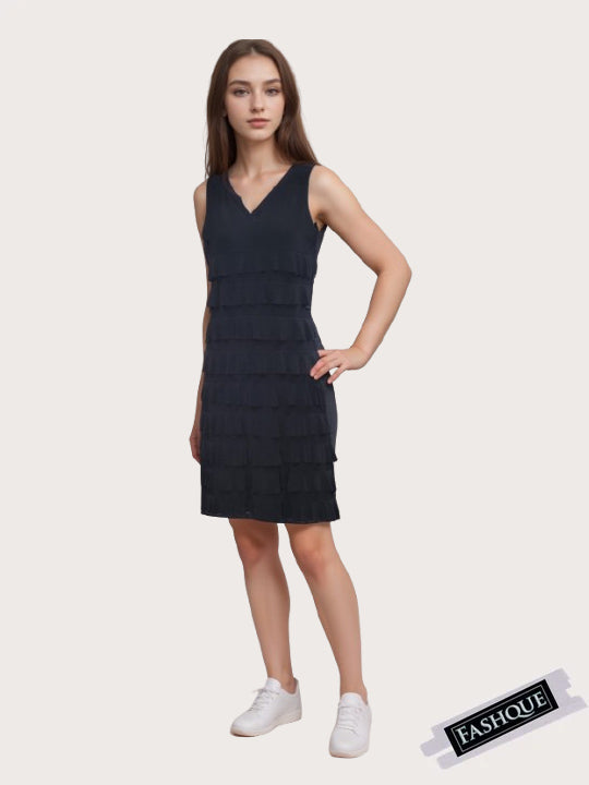 FASHQUE - CHACHA Ruffle V Neck Sleeveless Knee length Dress - D107