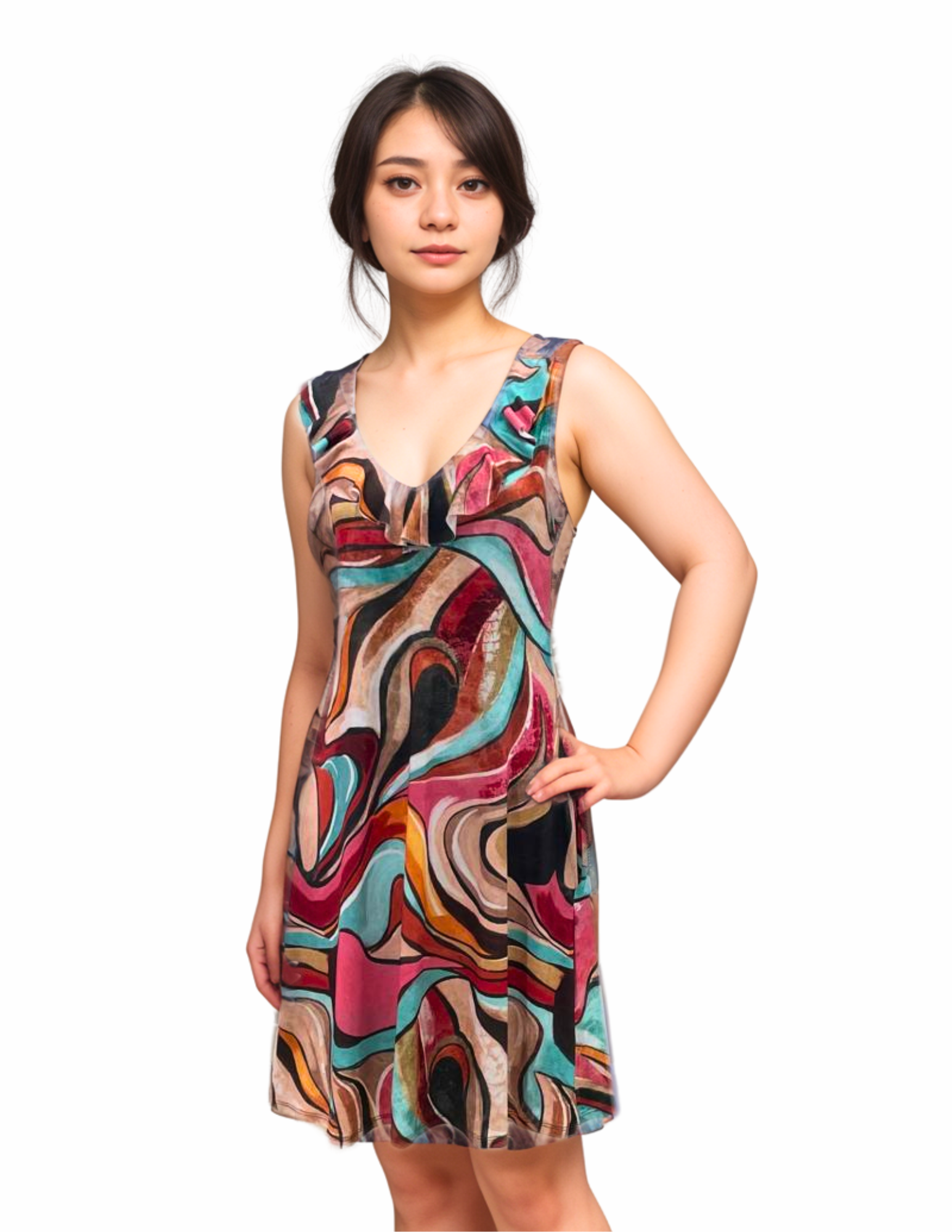 Ruffle Neck Skater Style tank dress with square back and Pocket - D2006