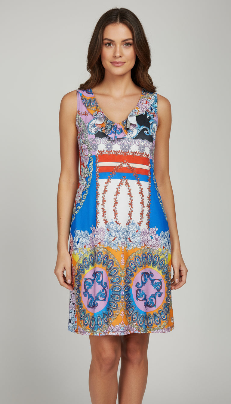Ruffle Neck Skater Style tank dress with square back and Pocket - D2006