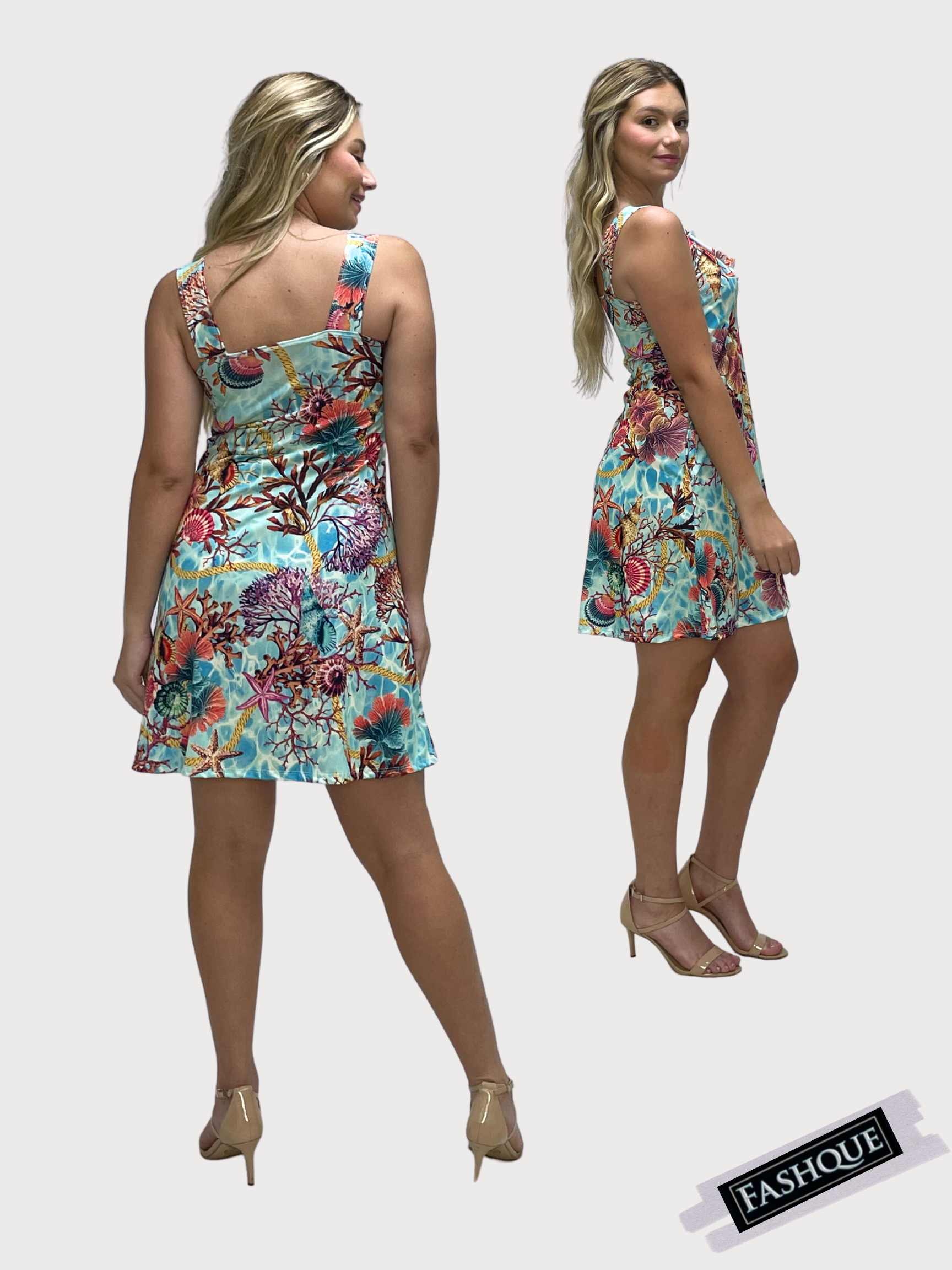 FASHQUE - Ruffle Neck Skater Style tank dress with square back and Pocket - D2006