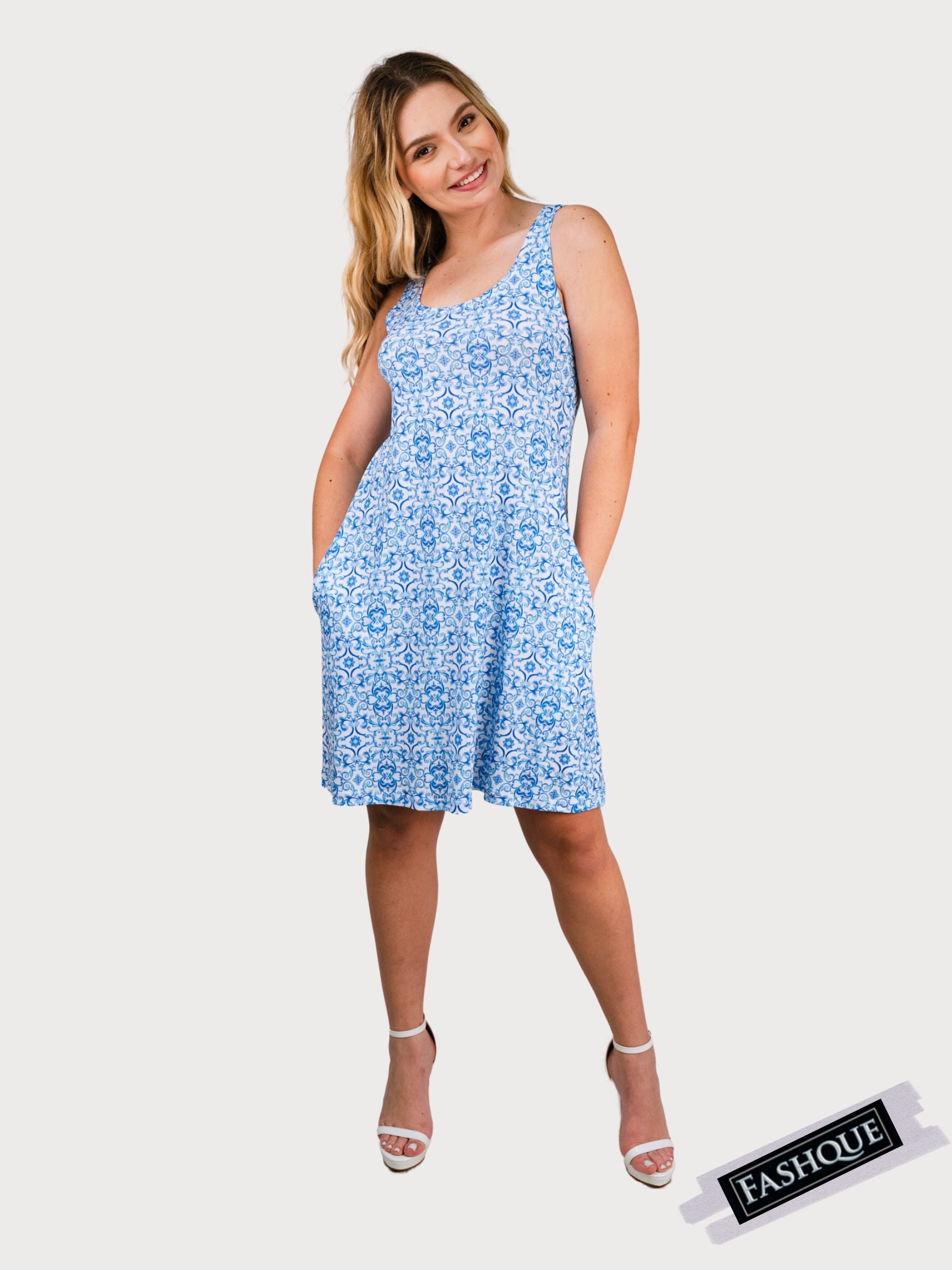 FASHQUE - SUNDRESS - Skater Style tank dress with square back with Pockets - D2061