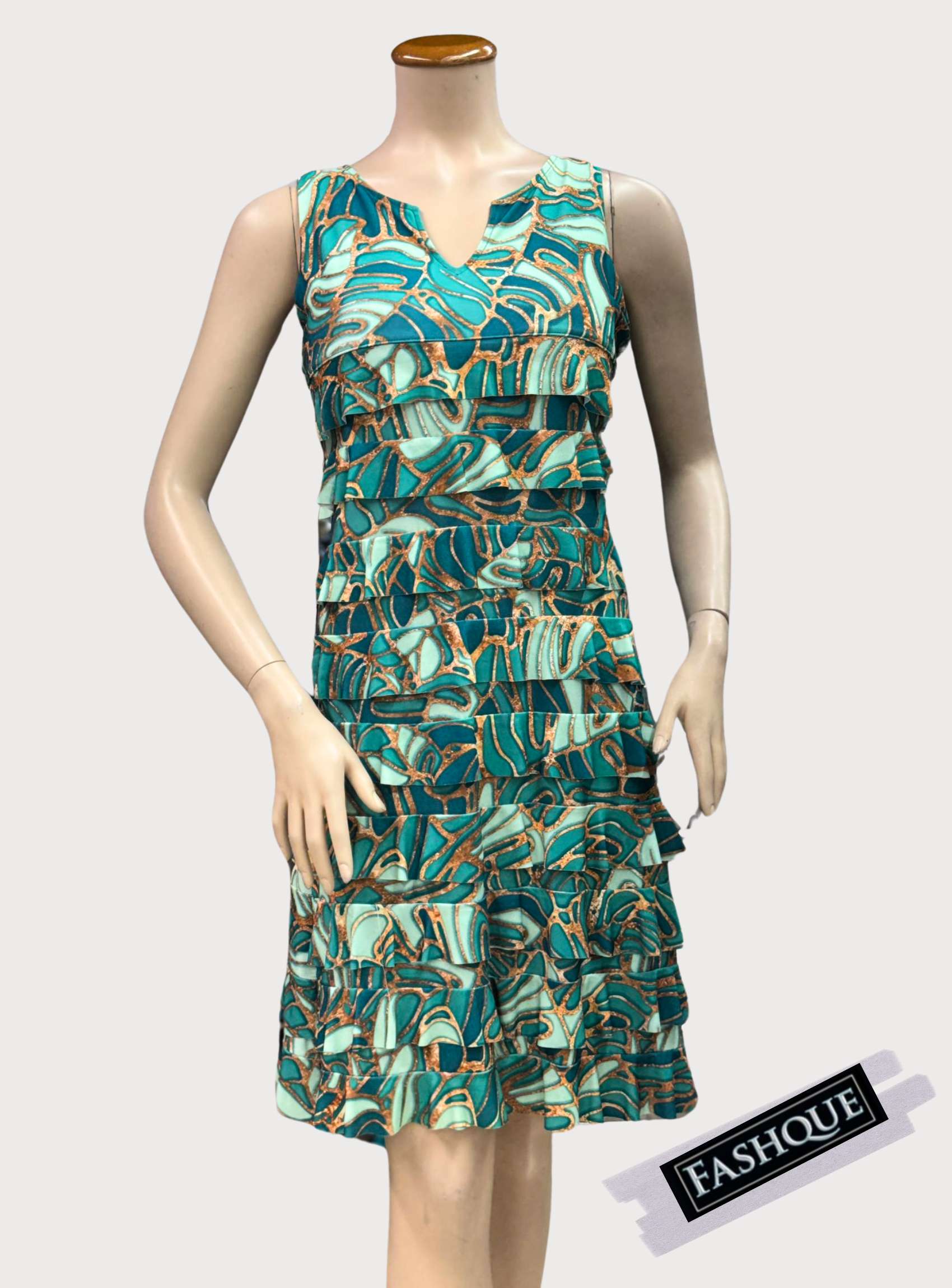 FASHQUE - CHACHA Ruffle V Neck Sleeveless Knee length DIGITAL PRINT Dress - D2107