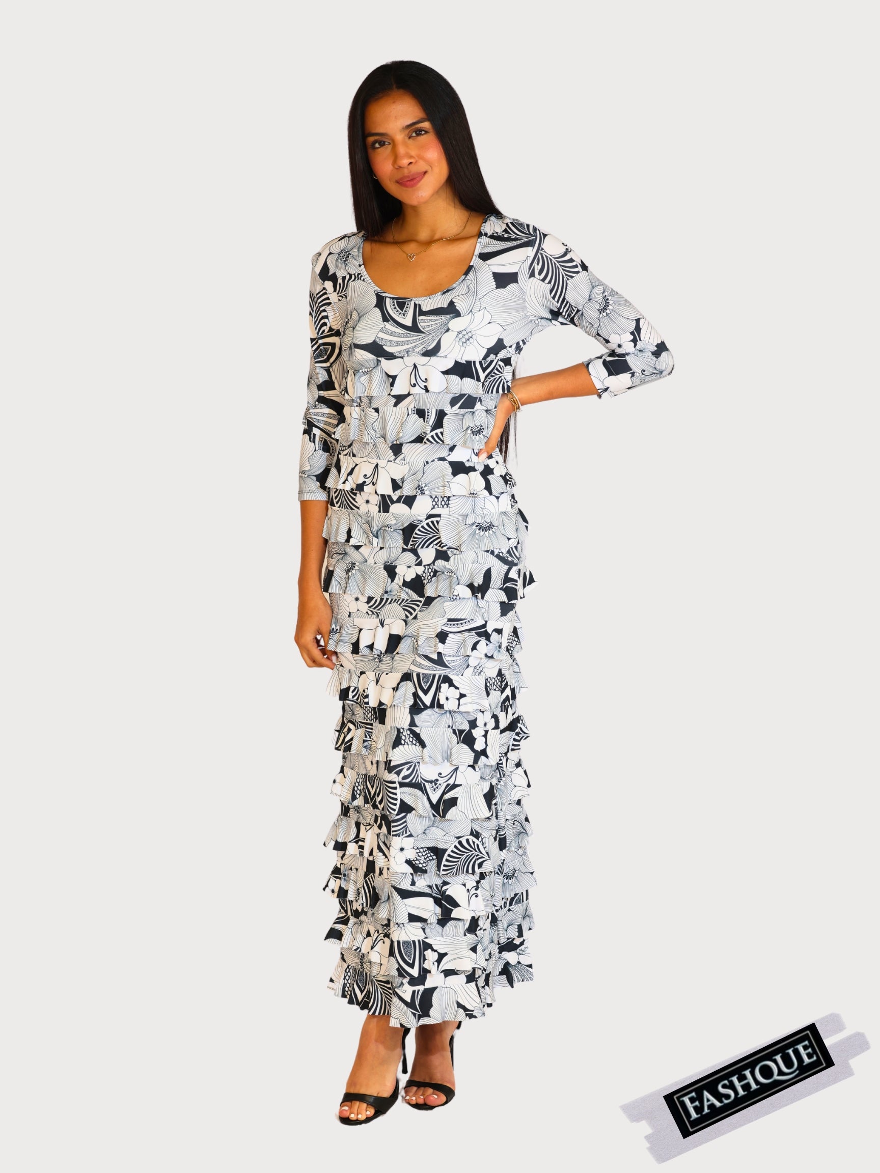 FASHQUE - Ruffle Maxi Dress with 3/4 Sleeves - D2213