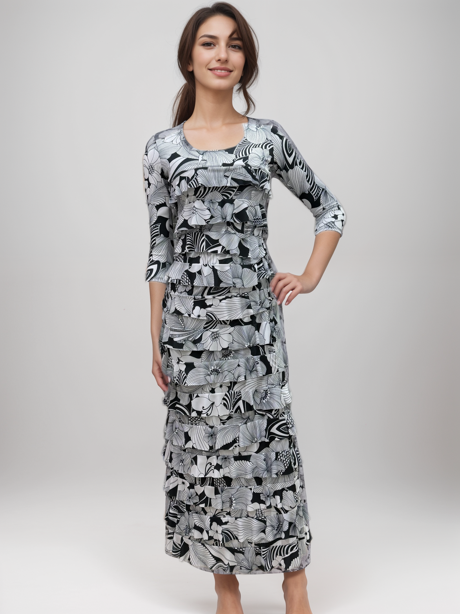 Ruffle Maxi Dress with 3/4 Sleeves - D2213