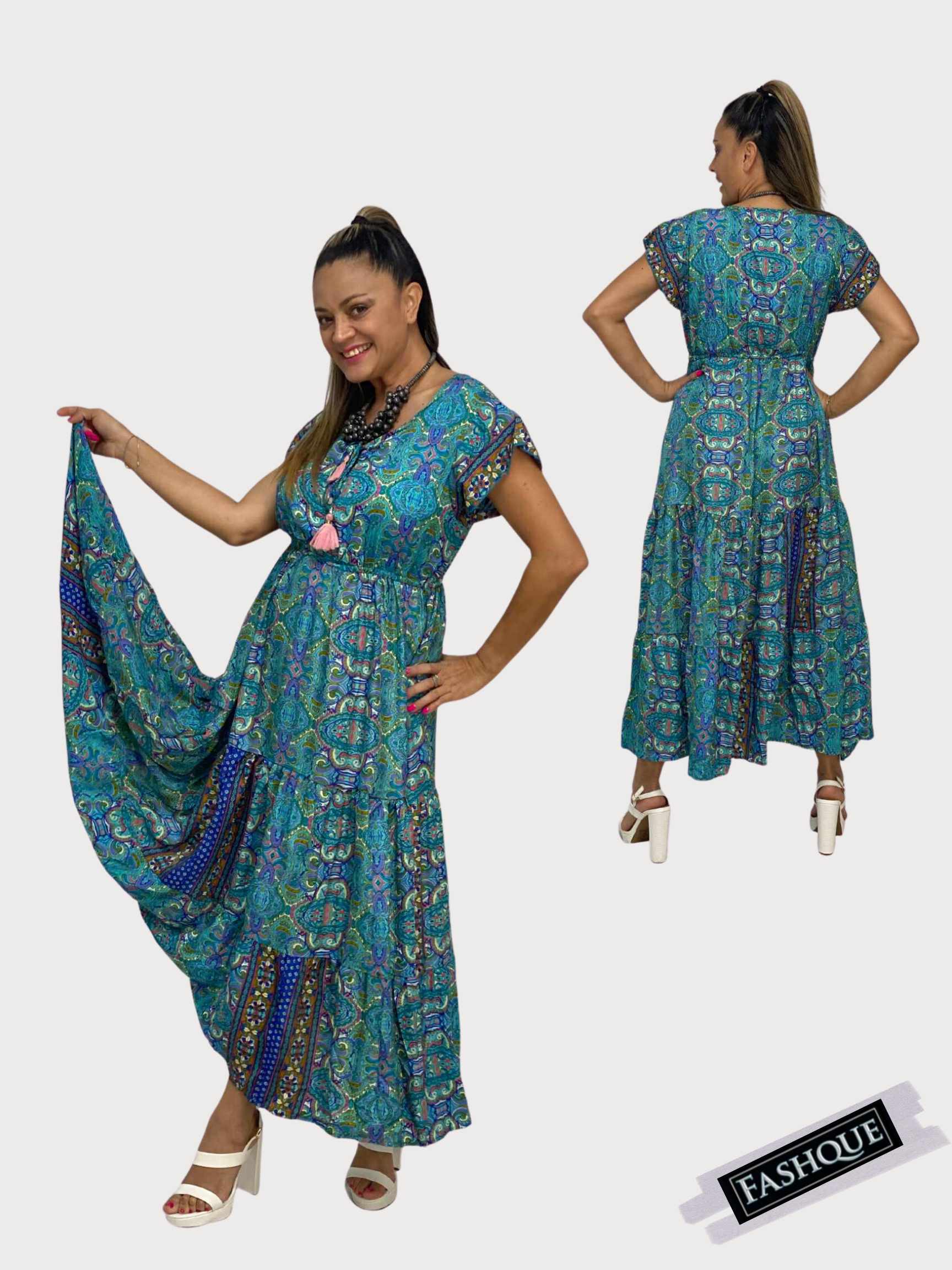 Short Sleeve Round Neck Smocked Waist Tiered Floral Flowy Maxi Dress - D10415