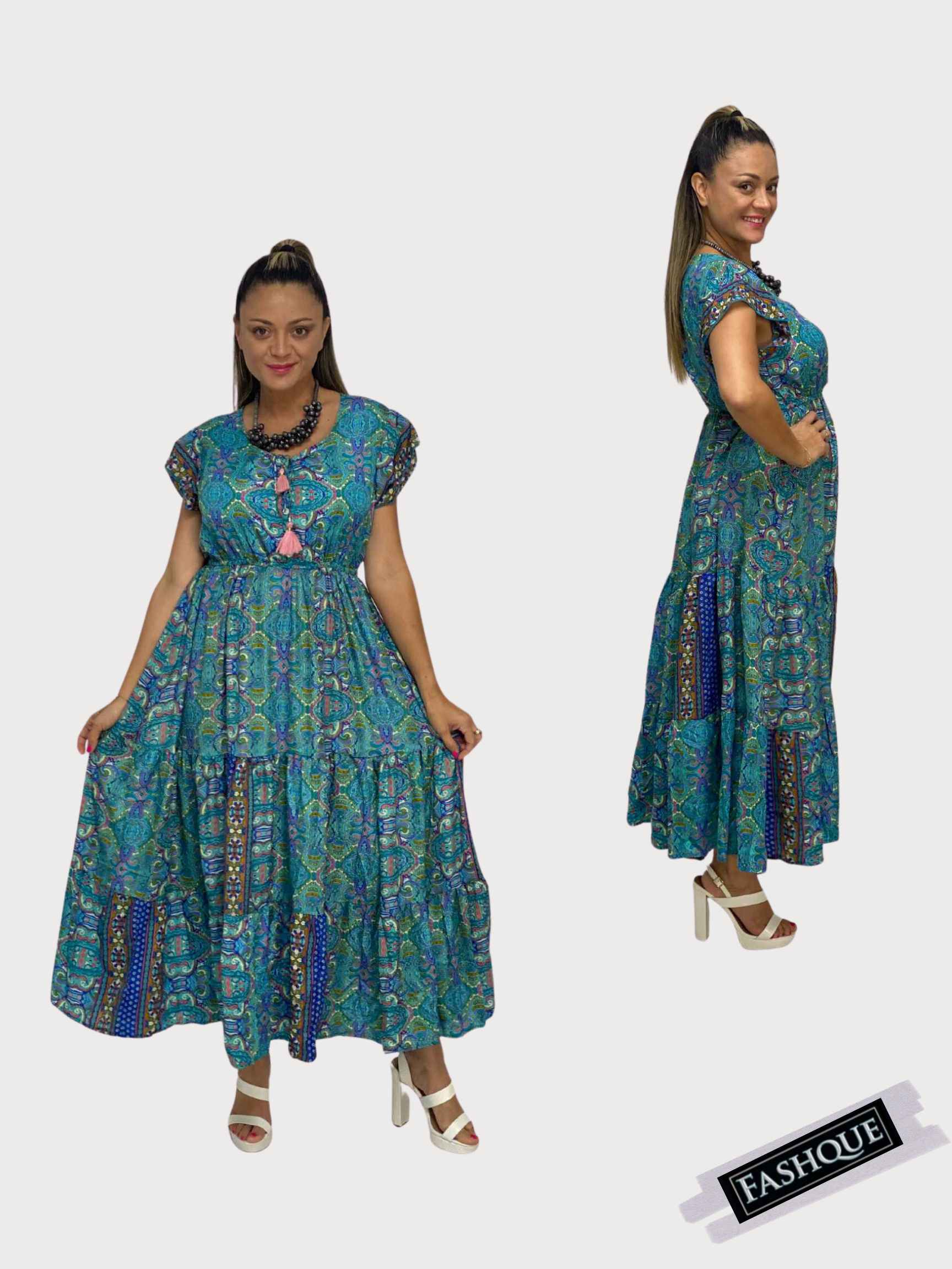 Short Sleeve Round Neck Smocked Waist Tiered Floral Flowy Maxi Dress - D10415