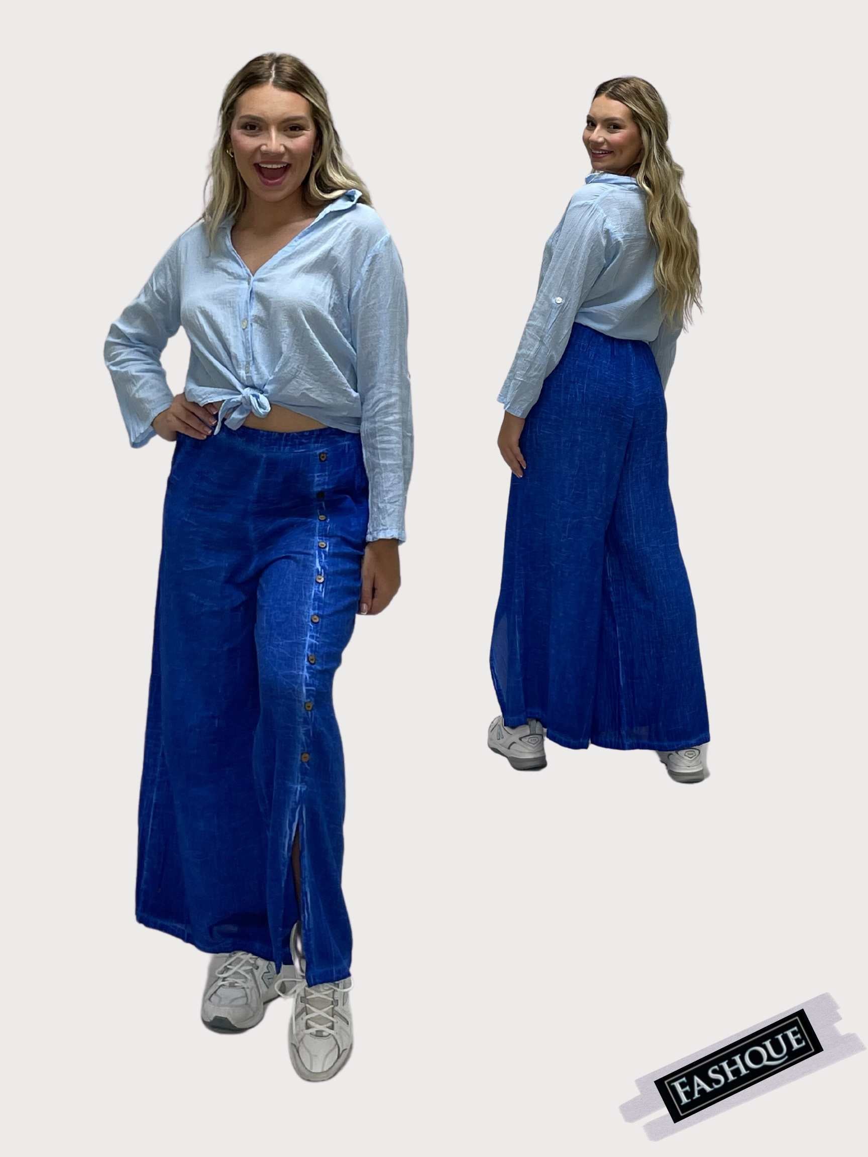 FASHQUE - Cotton Mid Rise Palazzo Pull-on Pants with buttons on side - P7104