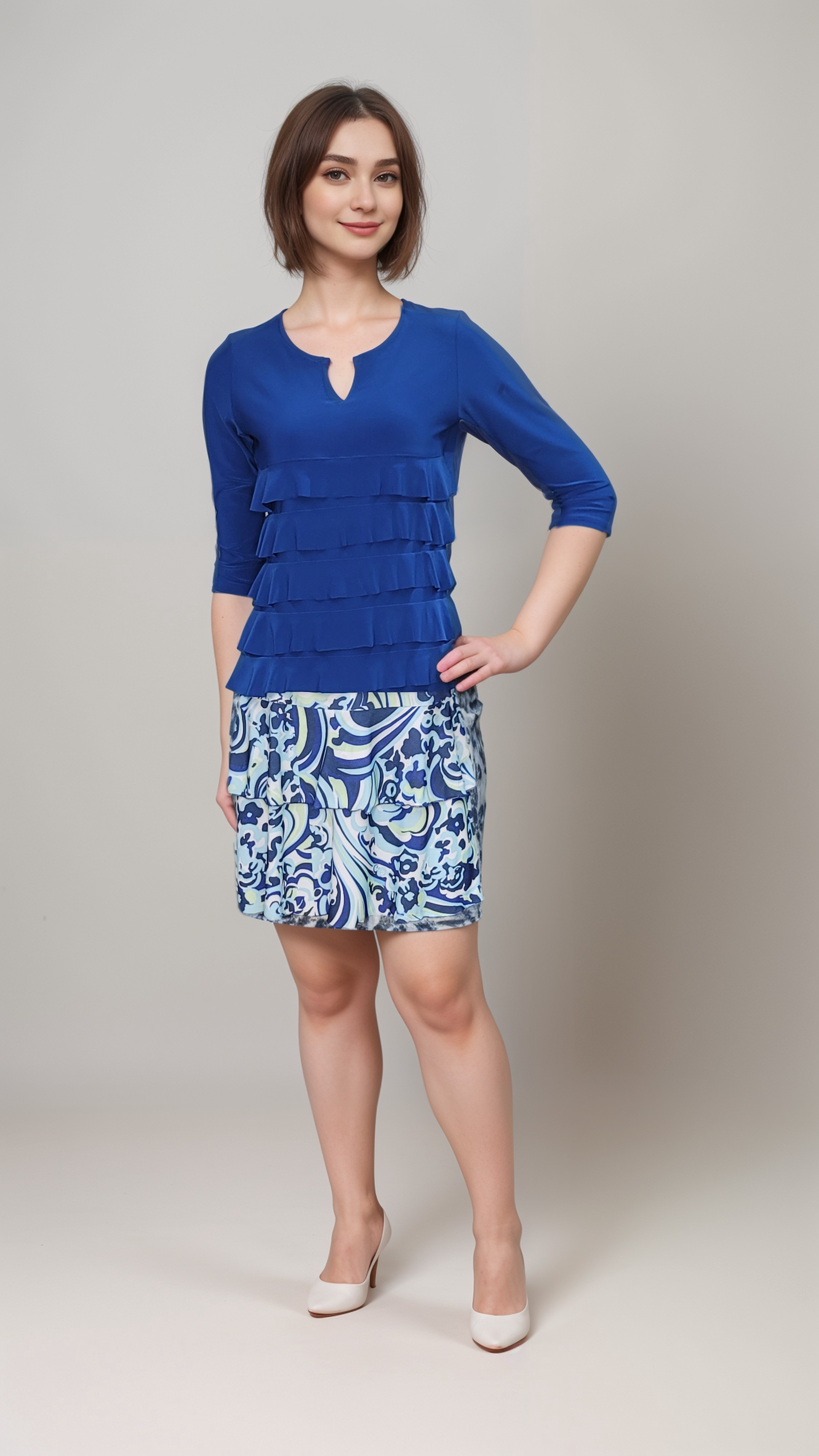 Cut-out V neck 3/4 sleeves Ruffle top T709