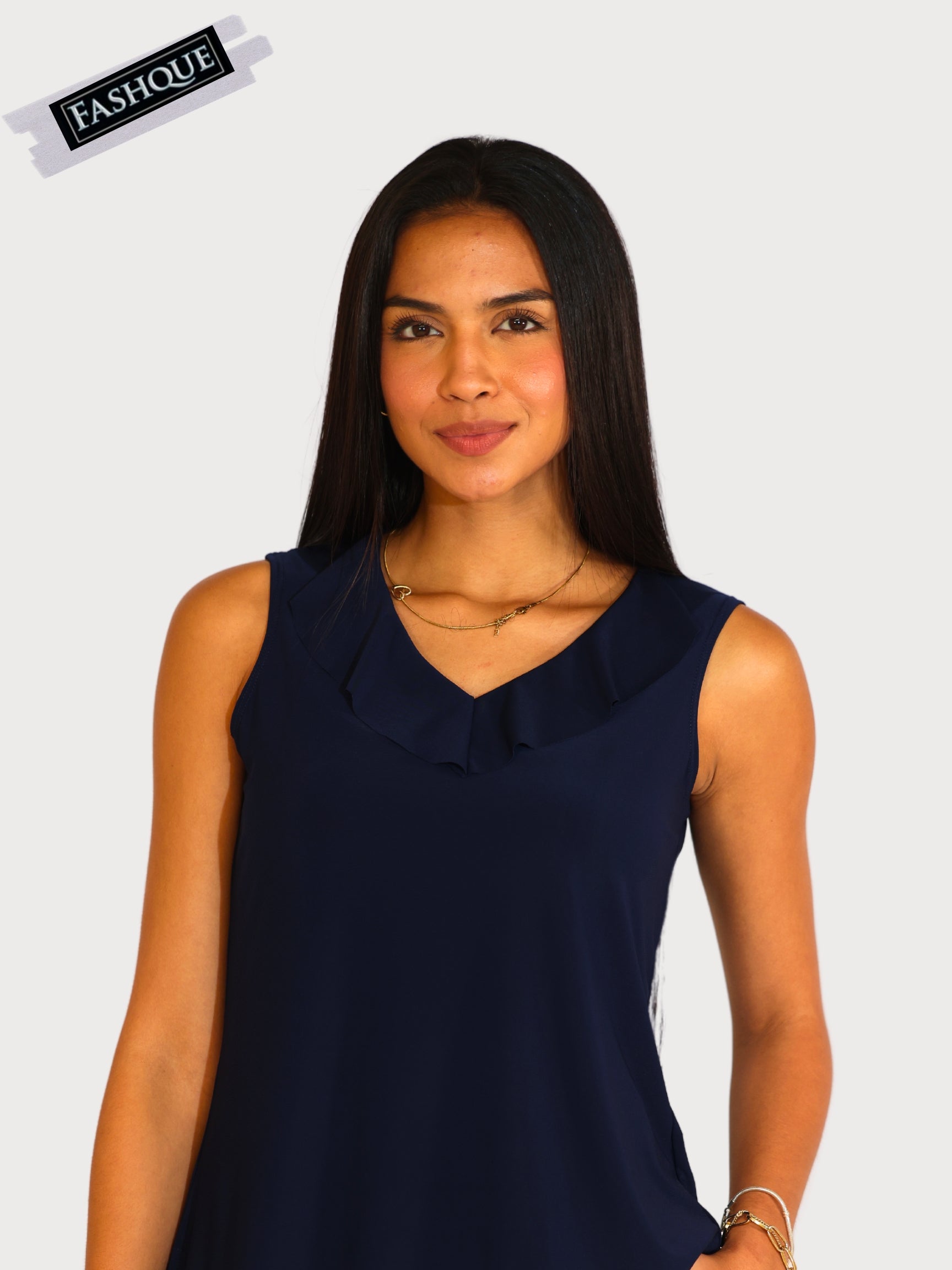 FASHQUE - Chic Sleeveless V-Neck Solid Color Top with Ruffle Neckline - T036