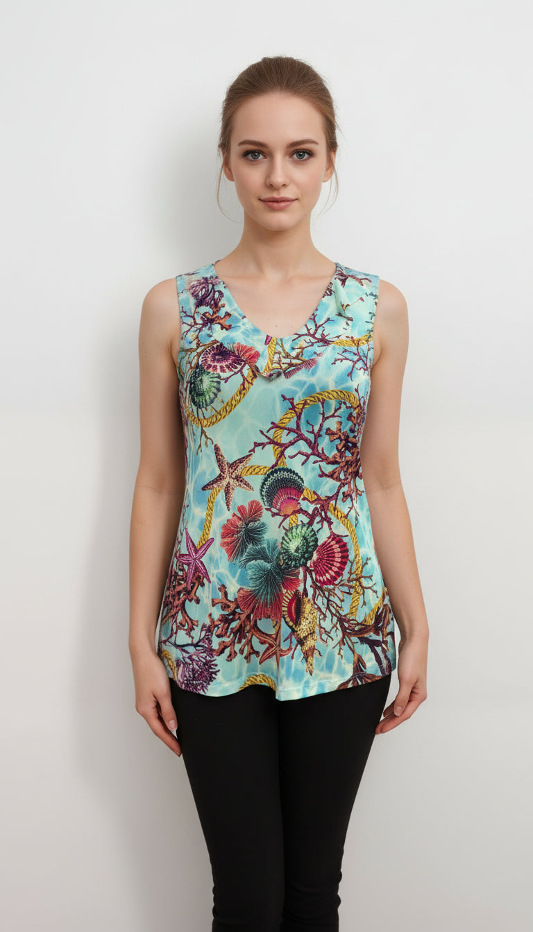 Chic Sleeveless V-Neck Digital Top with Ruffle Neckline - T2036
