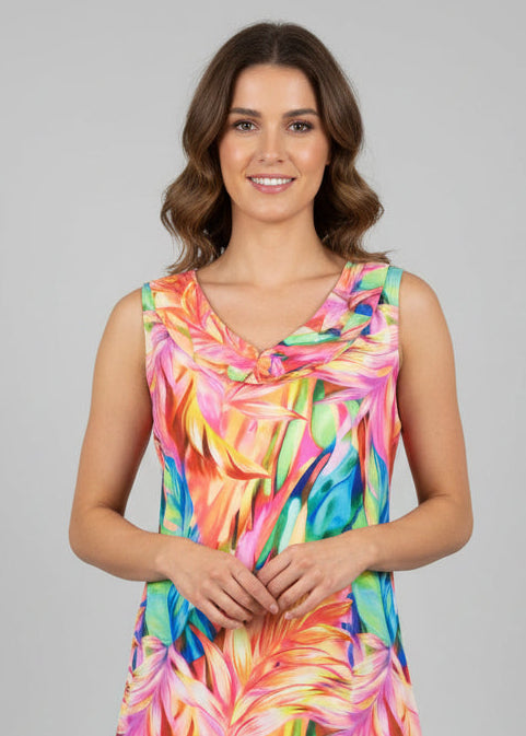Chic Sleeveless V-Neck Digital Top with Ruffle Neckline - T2036