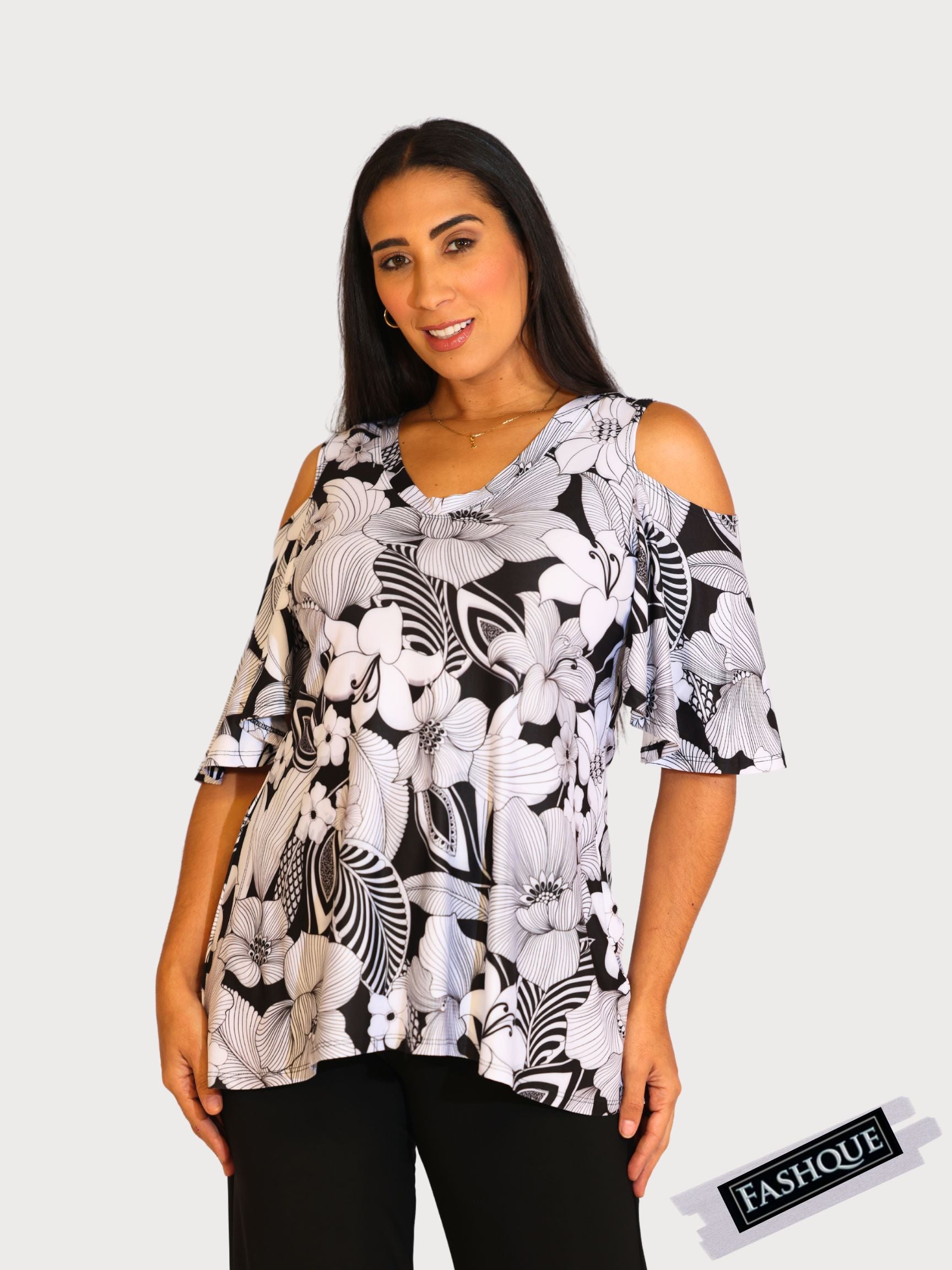 FASHQUE - V NECK OFF SHOULDER SHORT SLEEVES DRESSY CASUAL TOP  - T2071