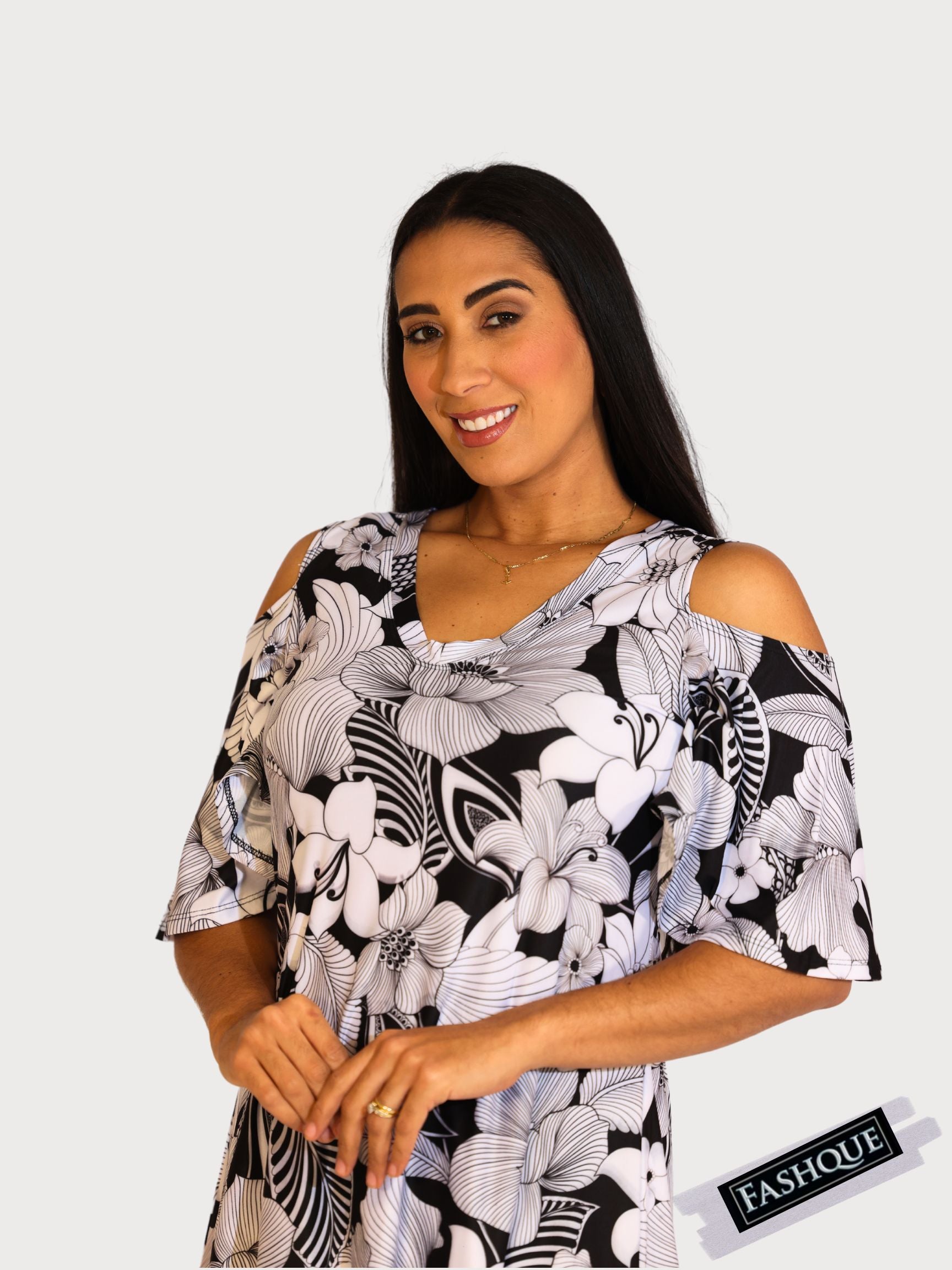 FASHQUE - V NECK OFF SHOULDER SHORT SLEEVES DRESSY CASUAL TOP  - T2071