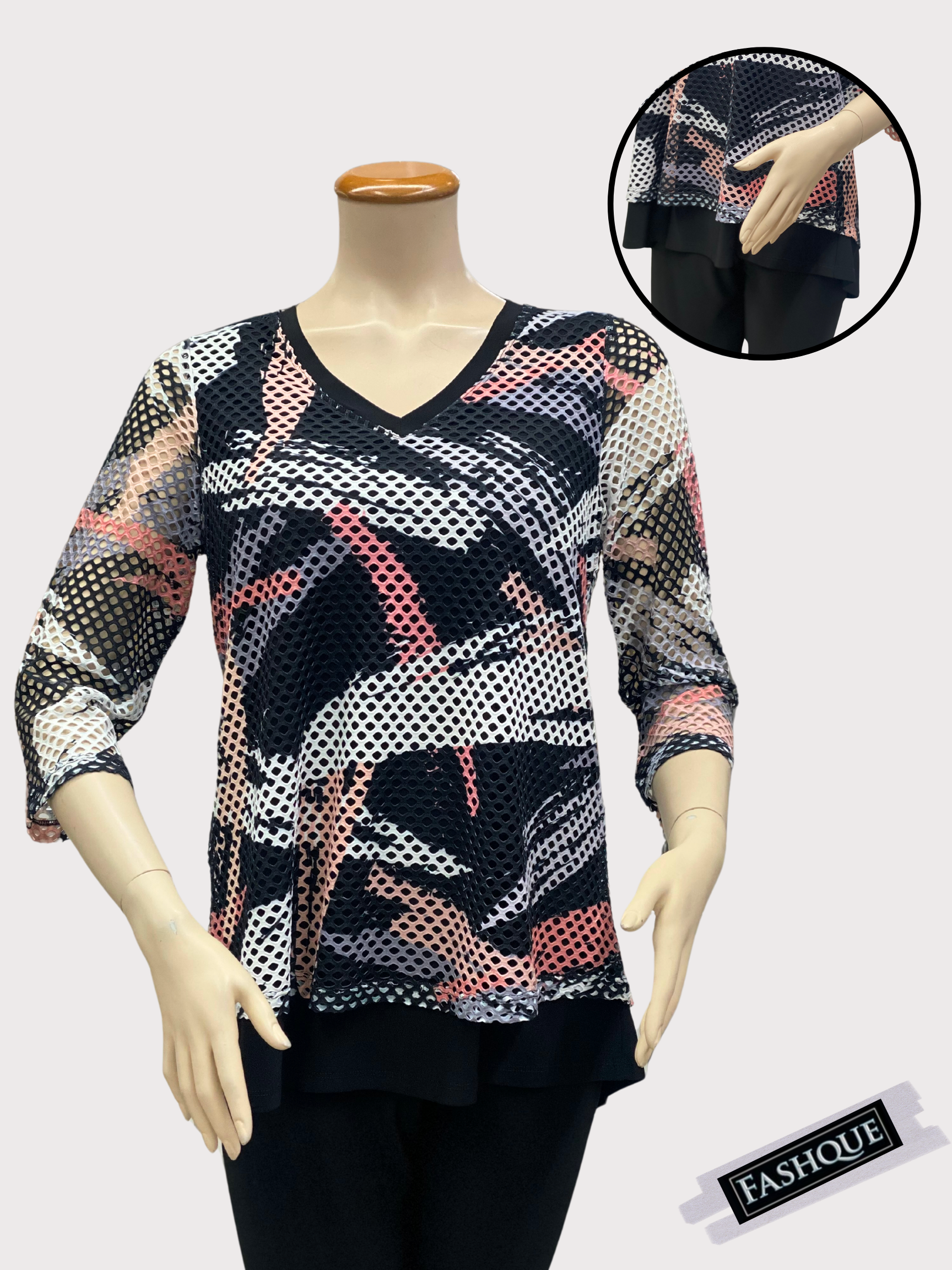 FASHQUE - V NECK MULTI MEDIA WITH MESH LAYERED 3/4 SLEEVS TOP  - T2103