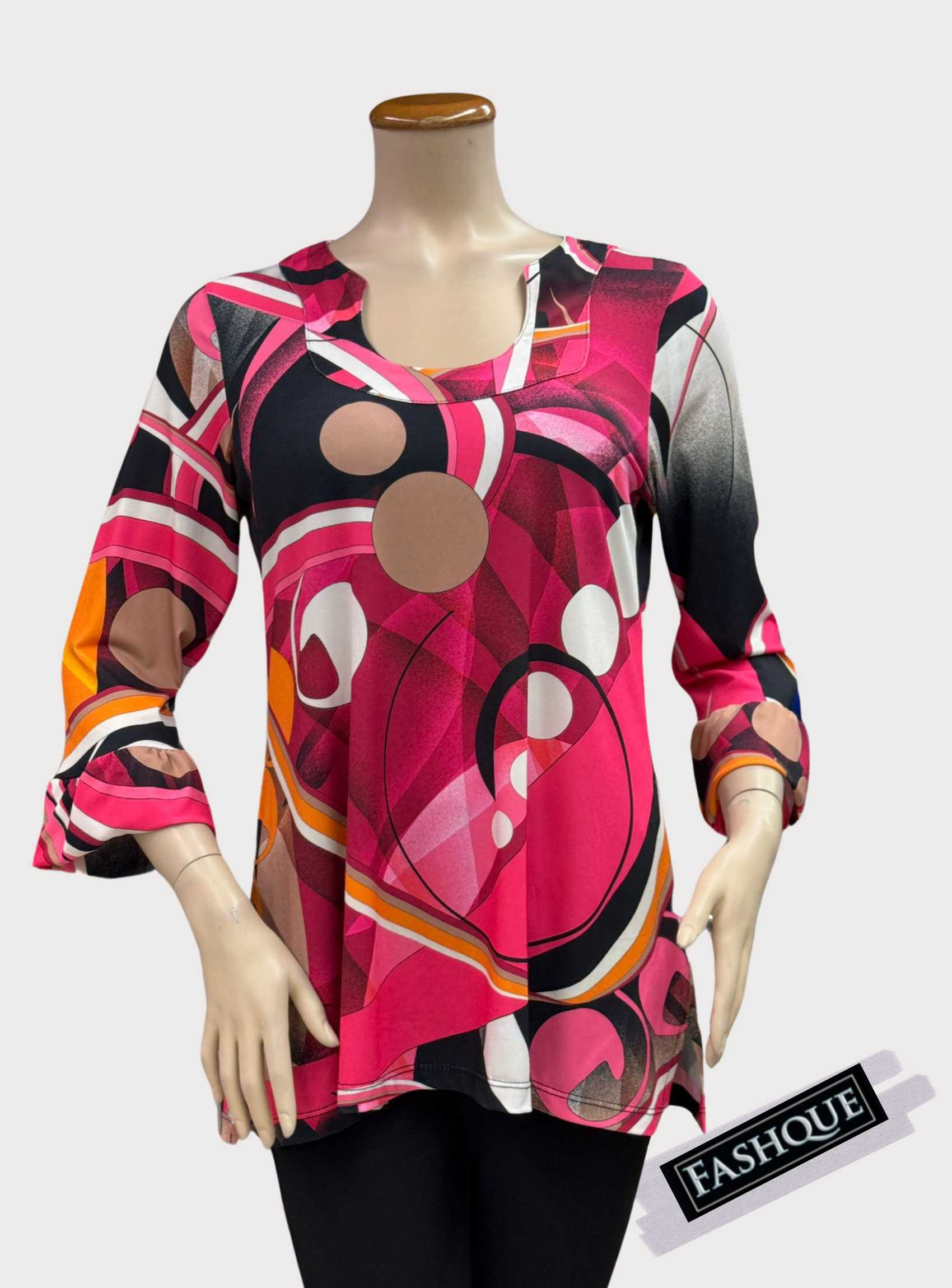 FASHQUE - HORSE SHOE NECK 3/4 SLEEVES DIGITAL PRINT TUNIC TOP - T2421