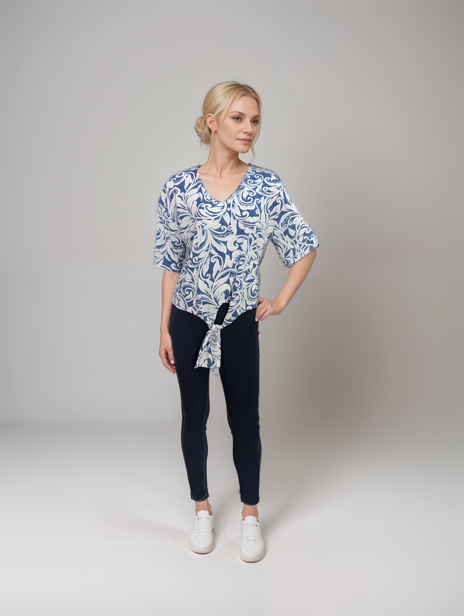 V-NECK TIE FRONT SHORT SLEEVE TOP - T2541