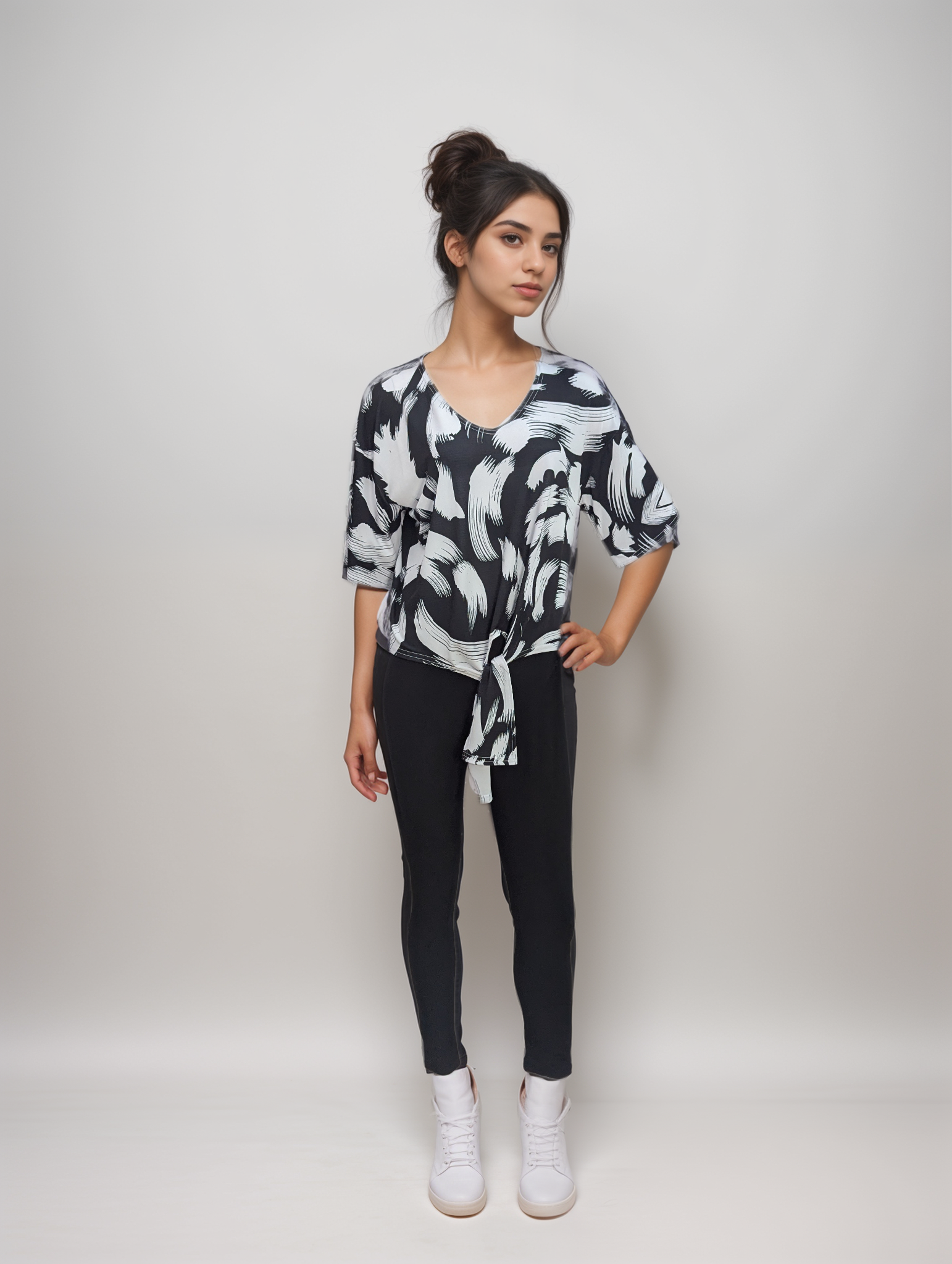V-NECK TIE FRONT SHORT SLEEVE TOP - T2541