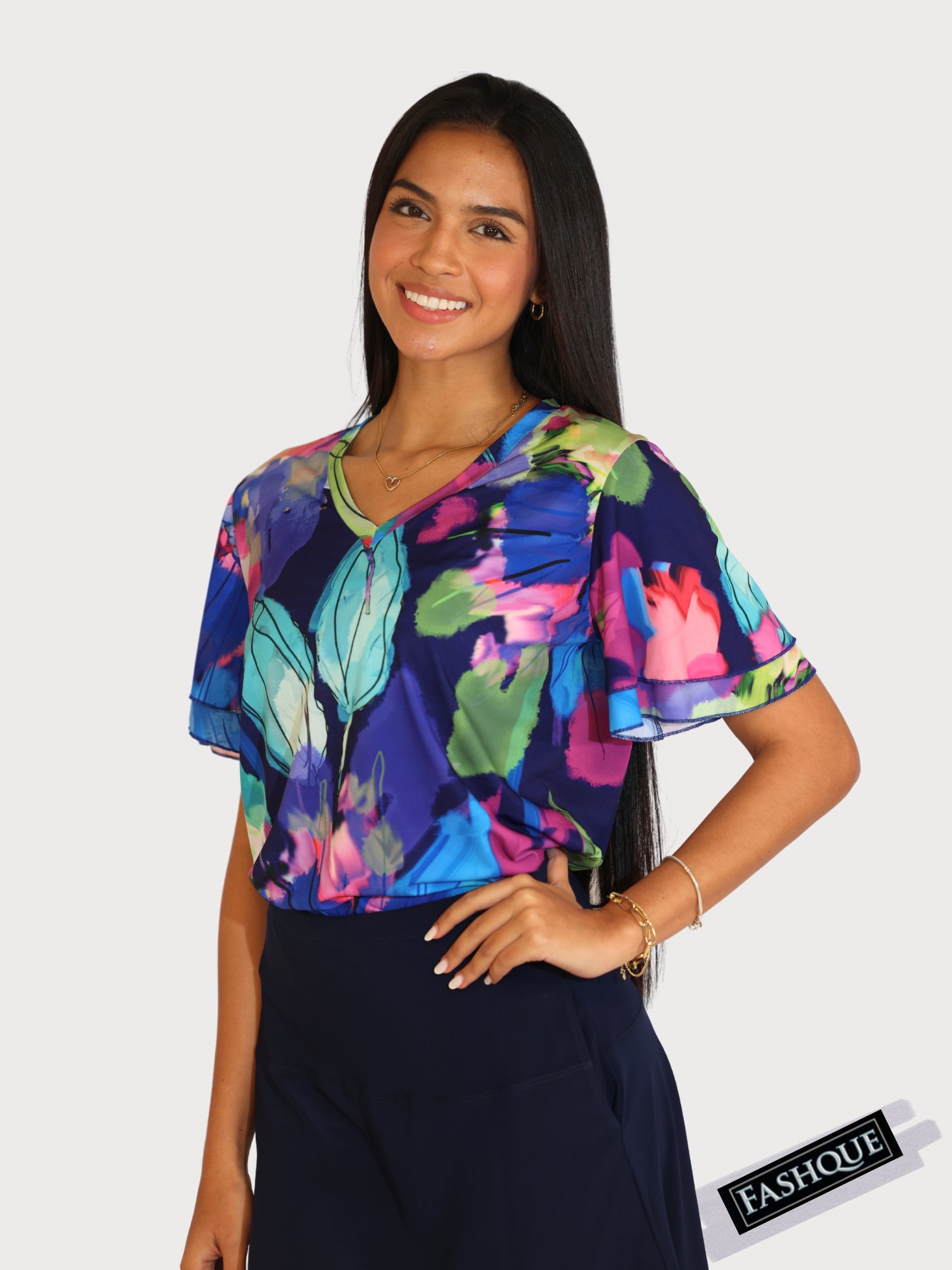 FASHQUE - Double Ruffle Bell Sleeves Scoop Neck DIGITAL PRINT Top - T2560