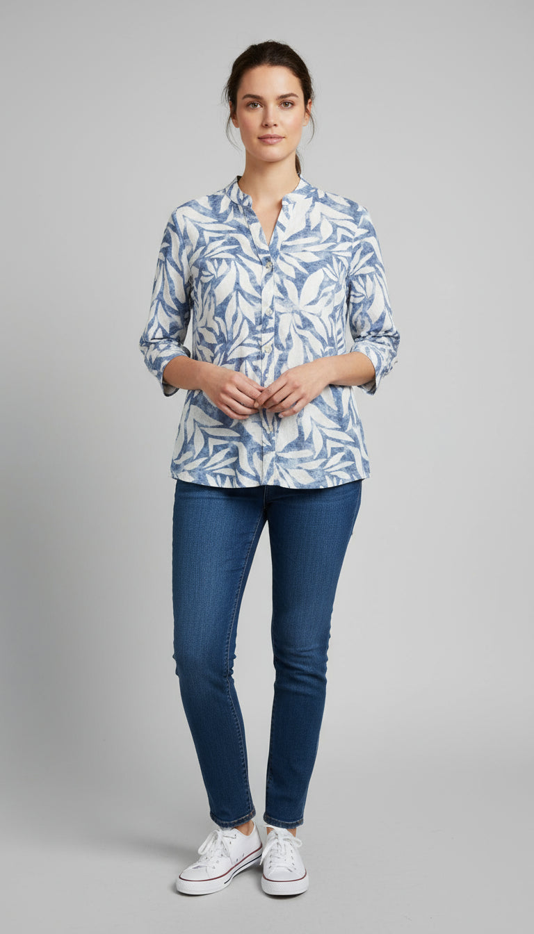 Geometric V-Neck Blouse with ¾ Sleeves - T2645
