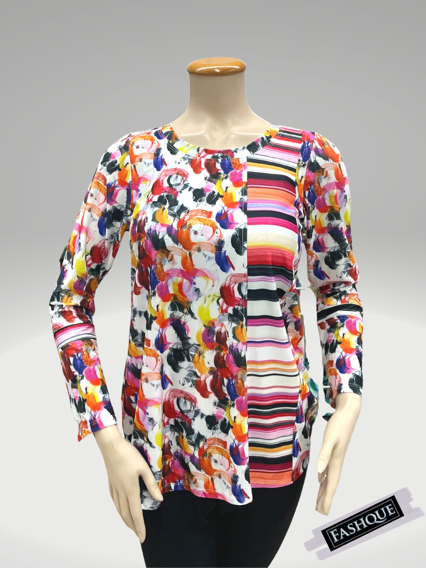 Scoop Neck Long Sleeve Color Print Block Tunic - T506