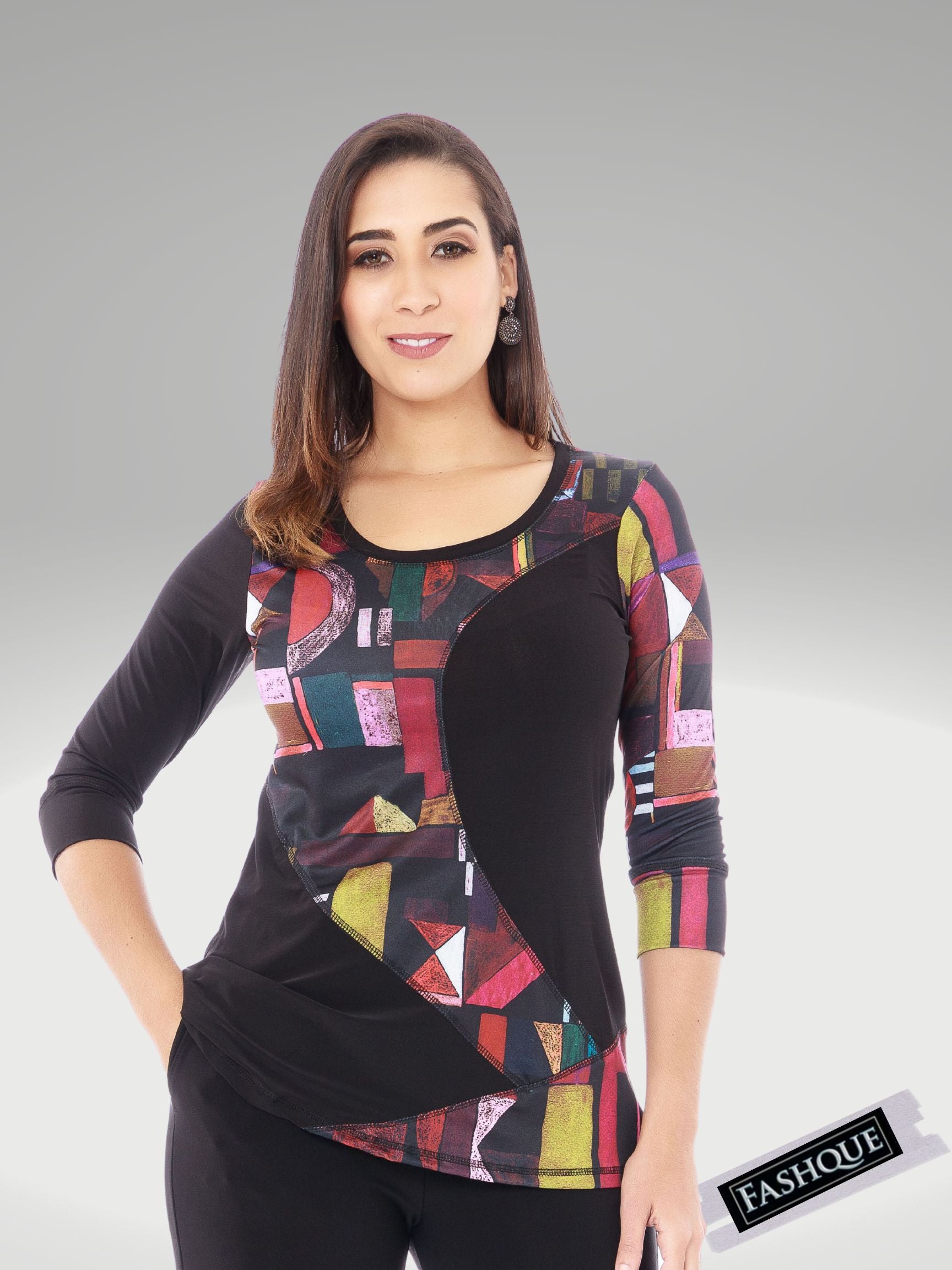 FASHQUE - Color Block Plain and Print Combo Scoop Neck 3/4 Sleeve Tunic - T532