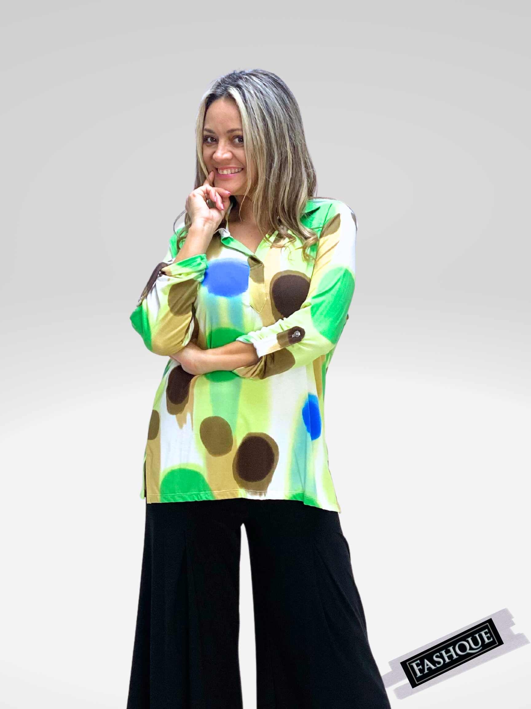 Women's Turn Down Collar Shirt Top Half Placket Button up roll up Sleeves Top- T551 SALE