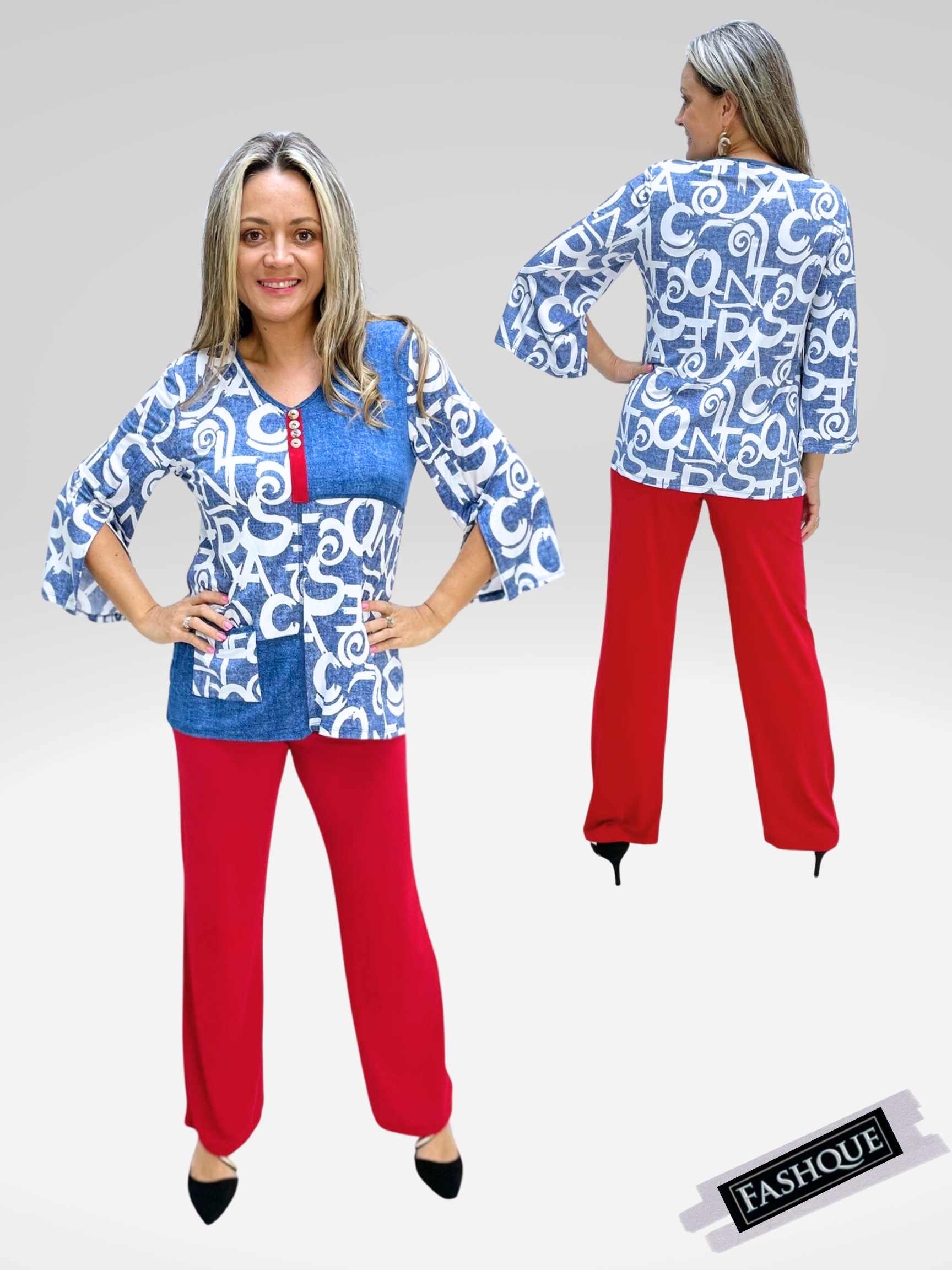3/4 Slit Sleeve Printed V Neck half Placket color block Tunic Top with buttons and elegant pocket - T607
