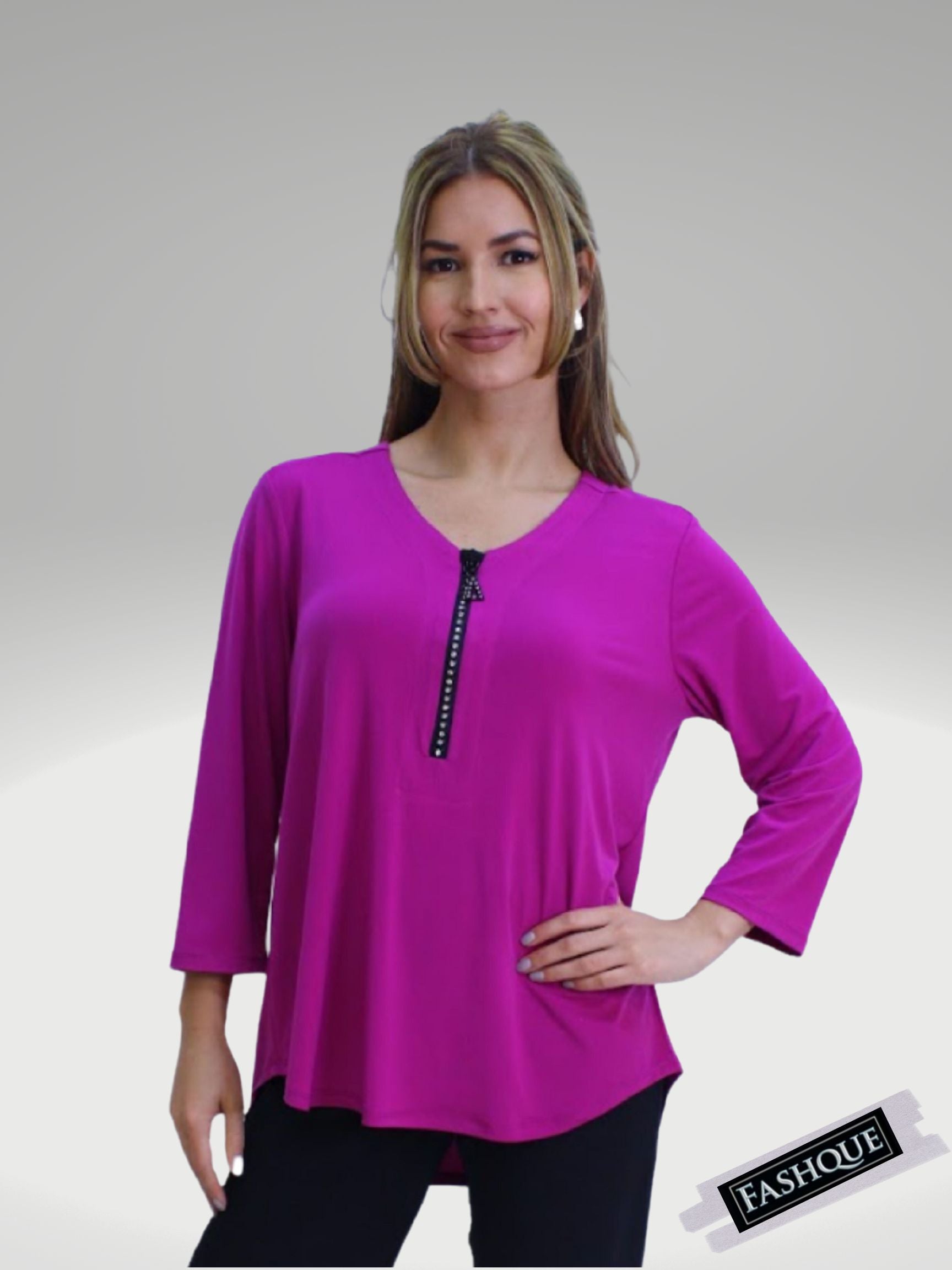 FASHQUE - CRYSTAL Zipper Front V Neck 3/4 Sleeve Tunic Top - T610