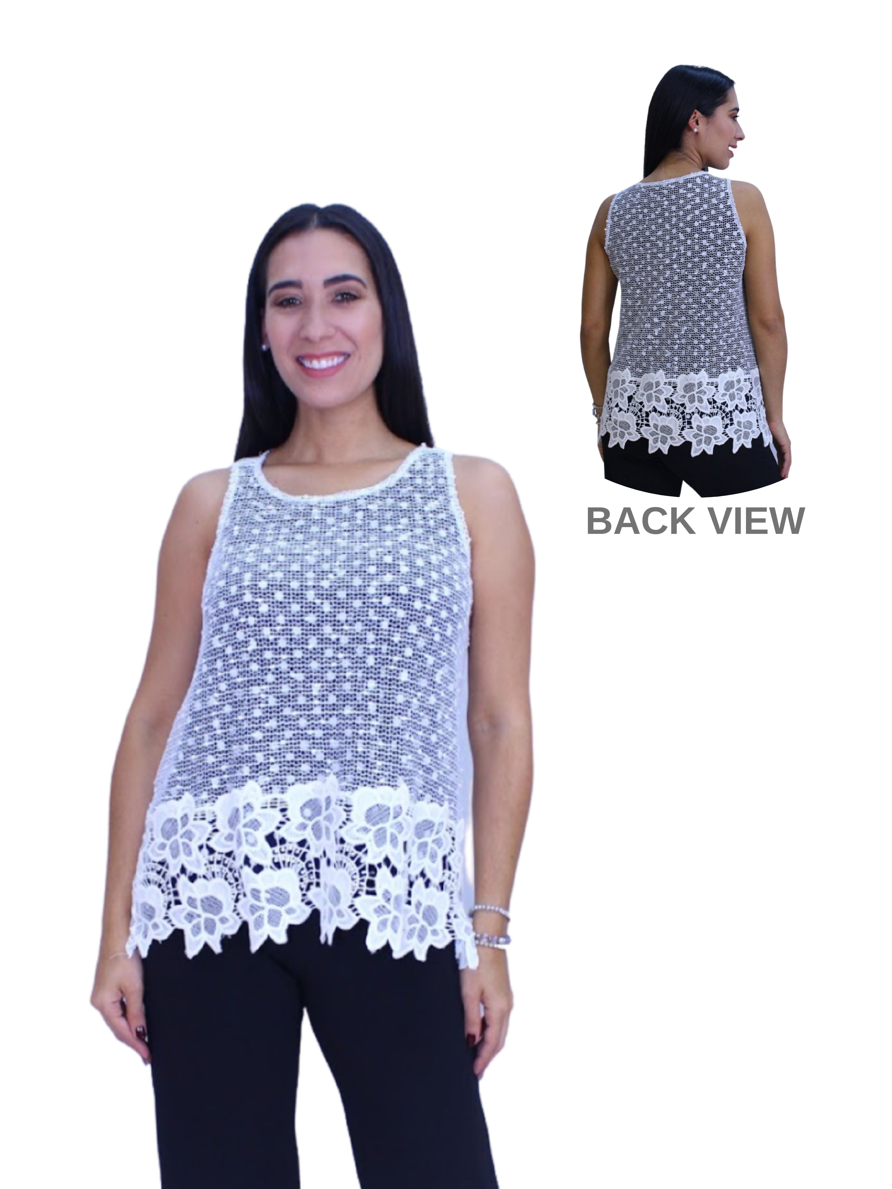 FASHQUE - Sleeveless Fashion Round Neck Pullover Netted Mesh Tank Top with elegant border - T622