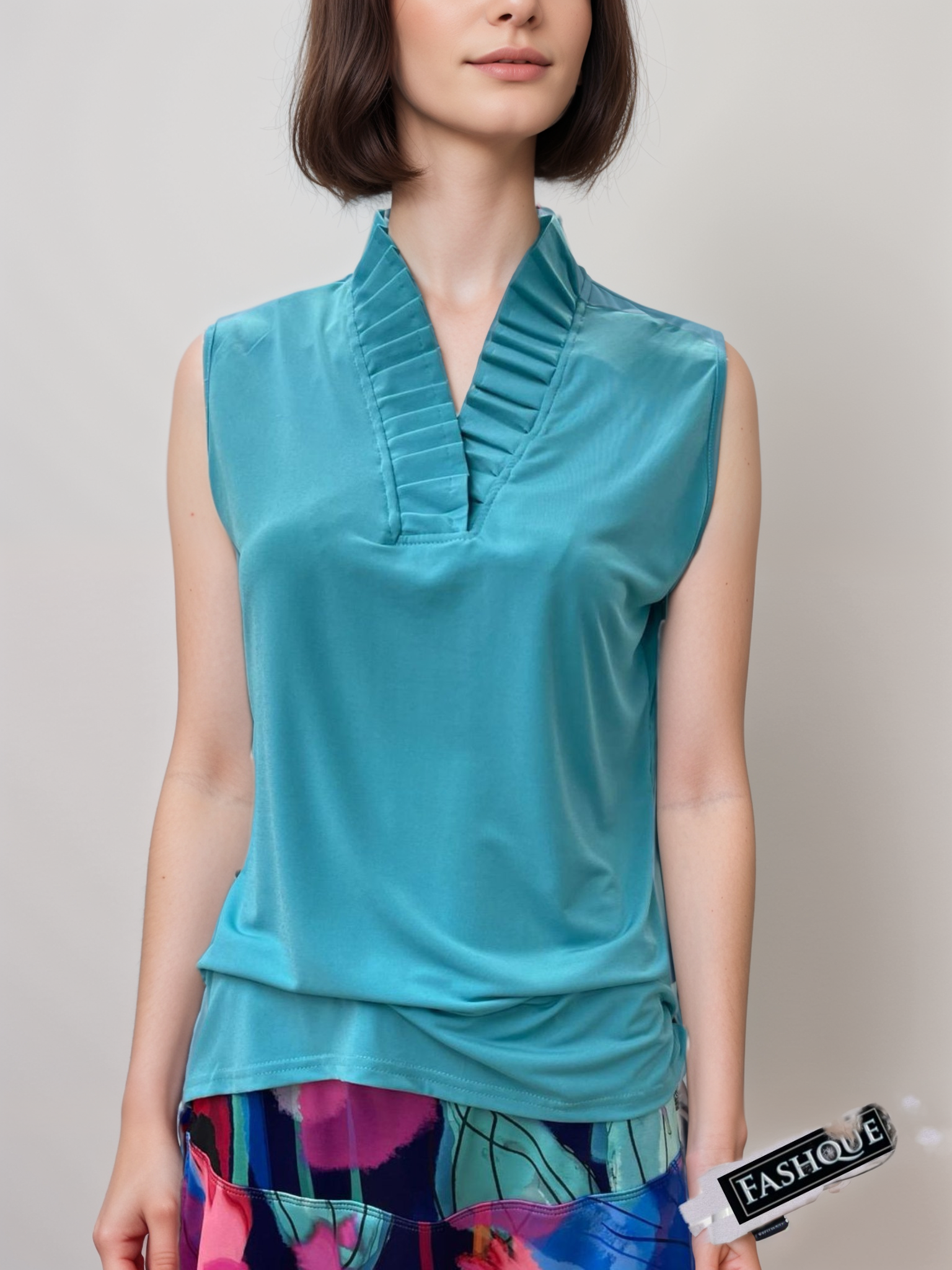 Stand Collar Pleated Frilled Ruffle Sleeveless Top - T623
