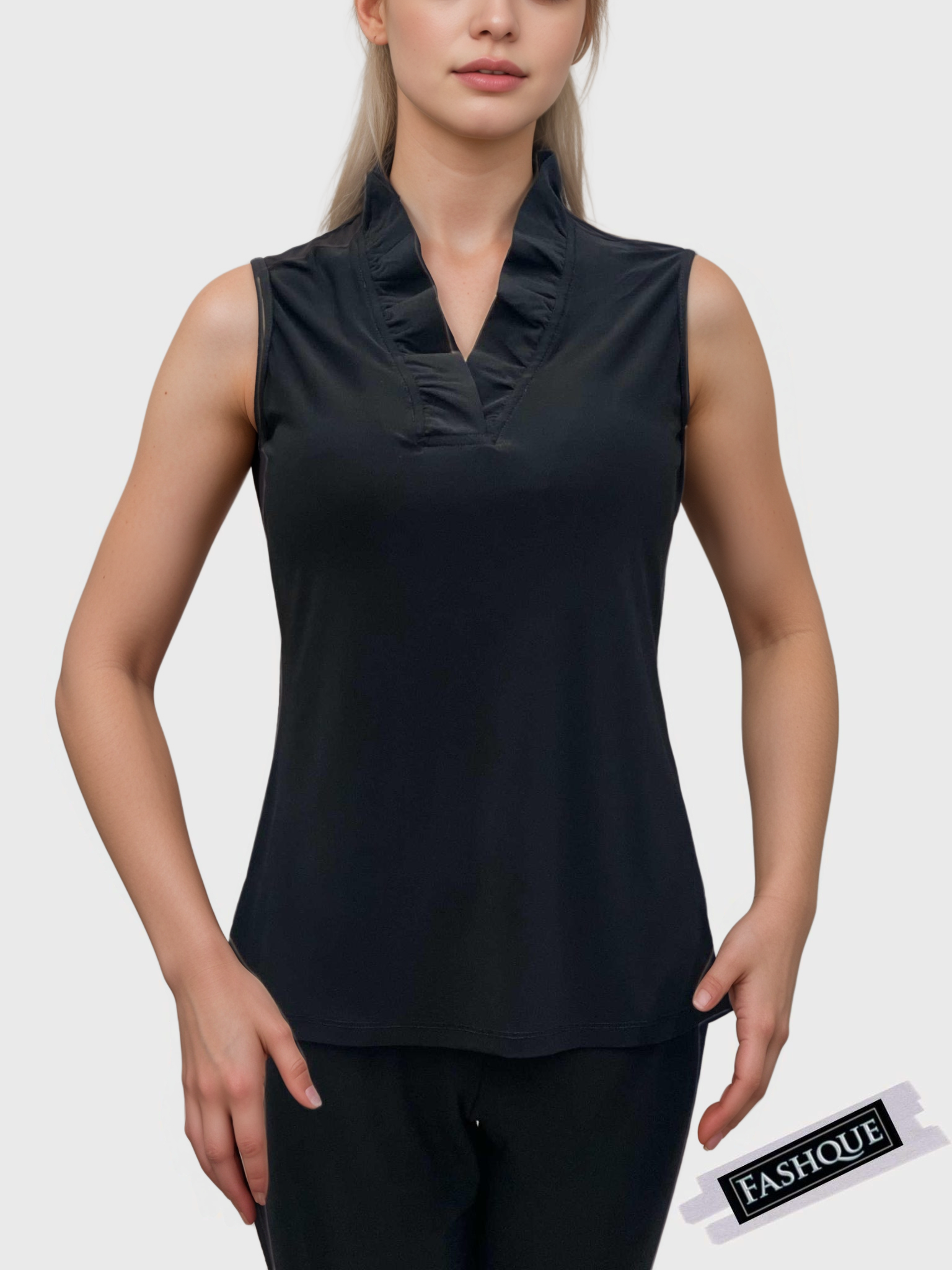 Stand Collar Pleated Frilled Ruffle Sleeveless Top - T623