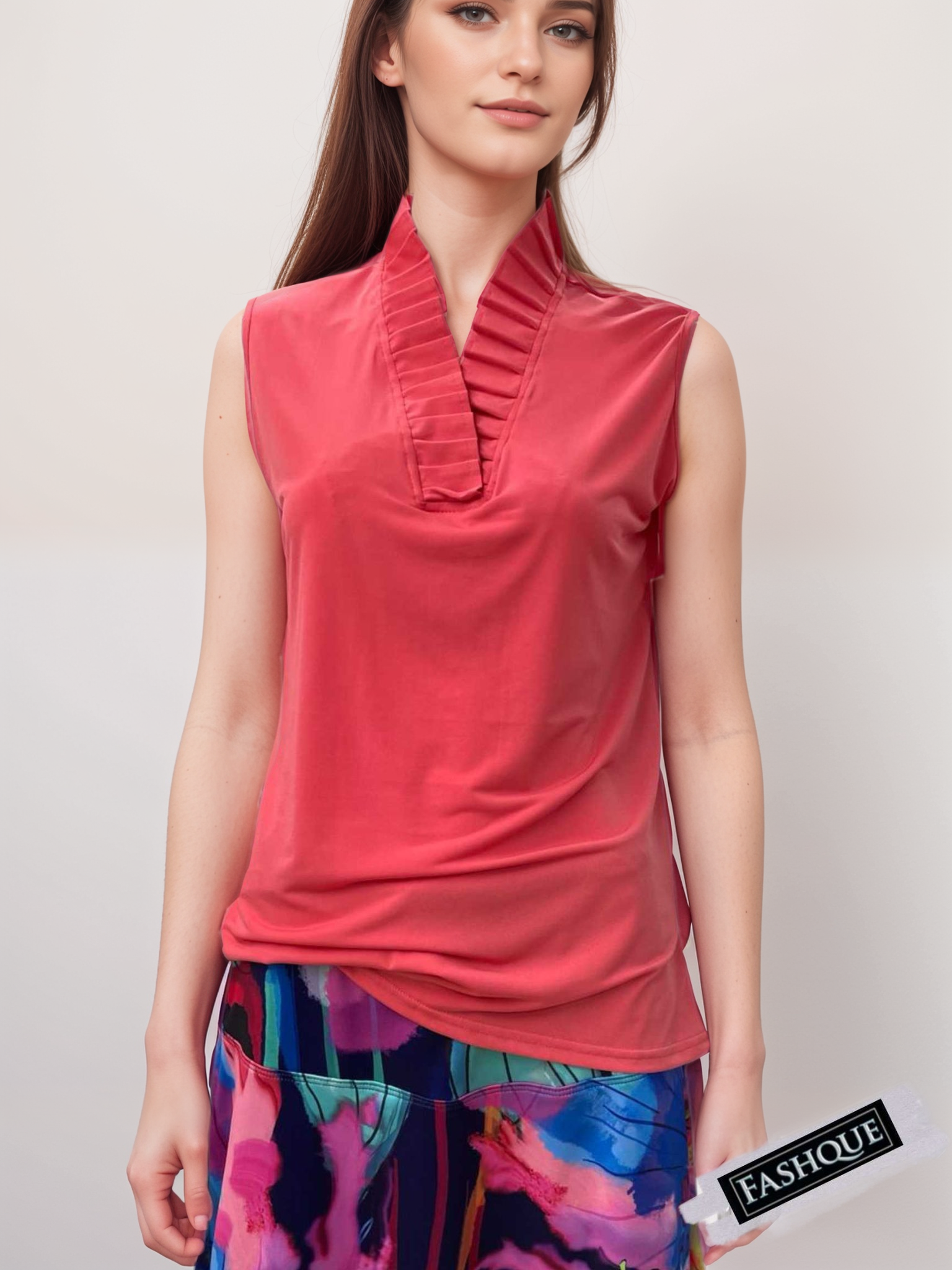 Stand Collar Pleated Frilled Ruffle Sleeveless Top - T623