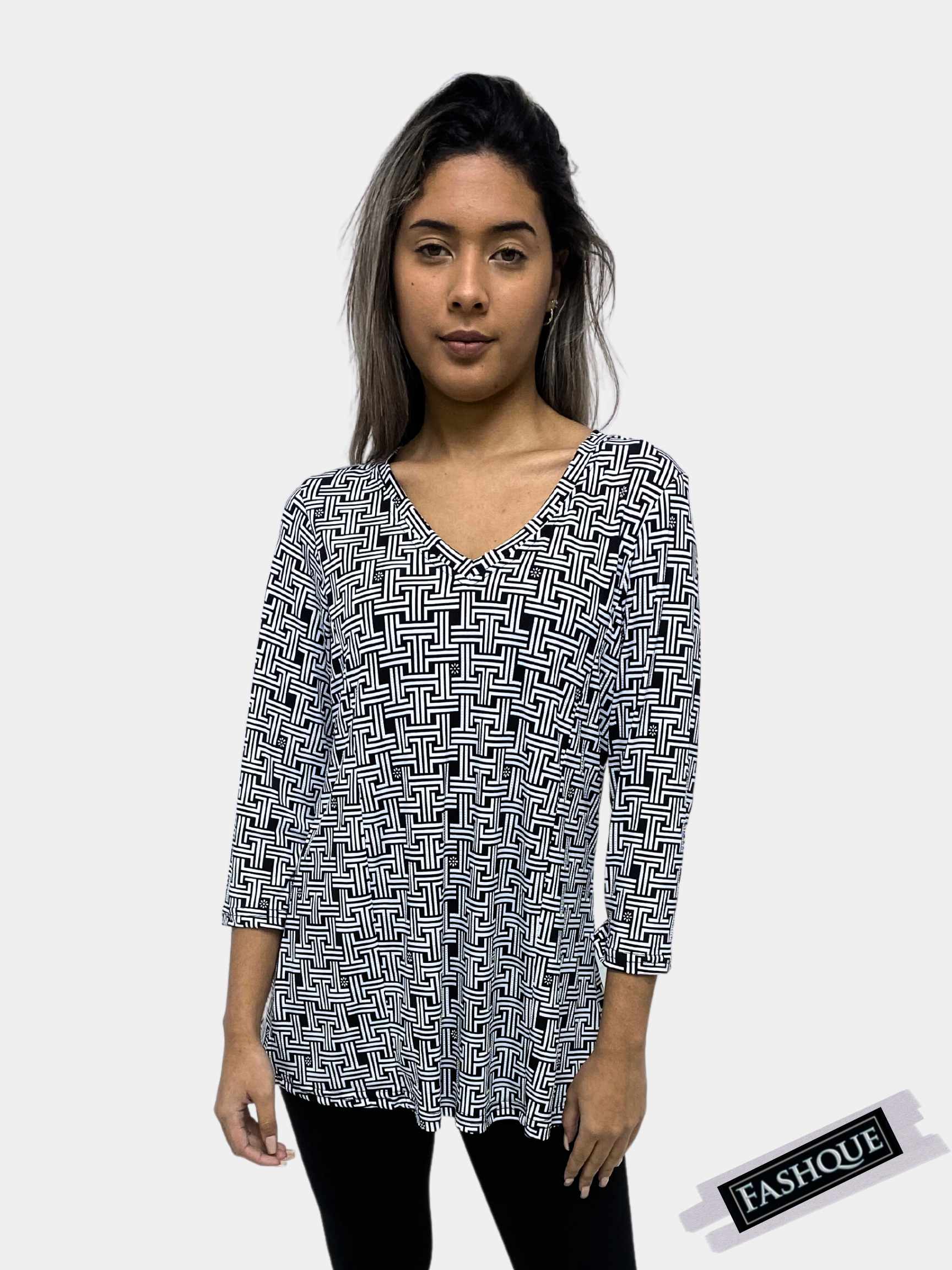 FASHQUE - 3/4 Sleeve V NECK - CASUAL Workwear Loose Tunic Top - T643