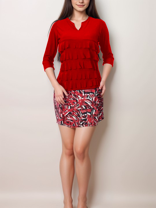 Cut-out V neck 3/4 sleeves Ruffle top T709